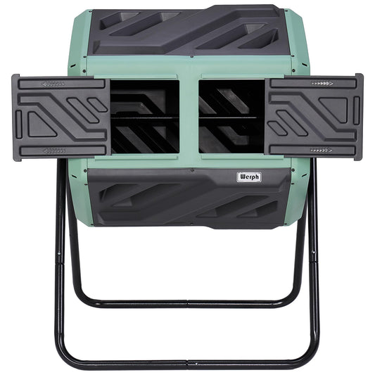 Werph Updated 43 Gallon Dual-Chamber Compost Bin, Fast Assembly Rotating Outdoor Compost Tumbler, Batch Composter with Gloves for Garden, Kitchen, and Yard Waste, Green & Black