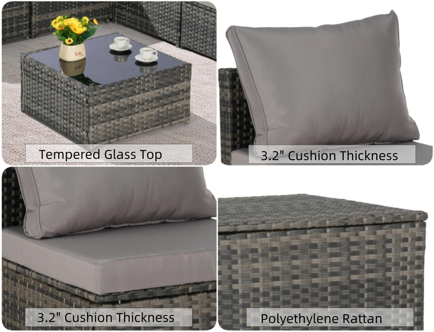 KEIKI 6Pcs Outdoor Patio Sectional Couch Sofa Conversation Furniture Sets with Chair, Storage Corner Cabinet, Glass Top Coffee Table & Cushion, Wicker Woven Seating for Backyard Lawn