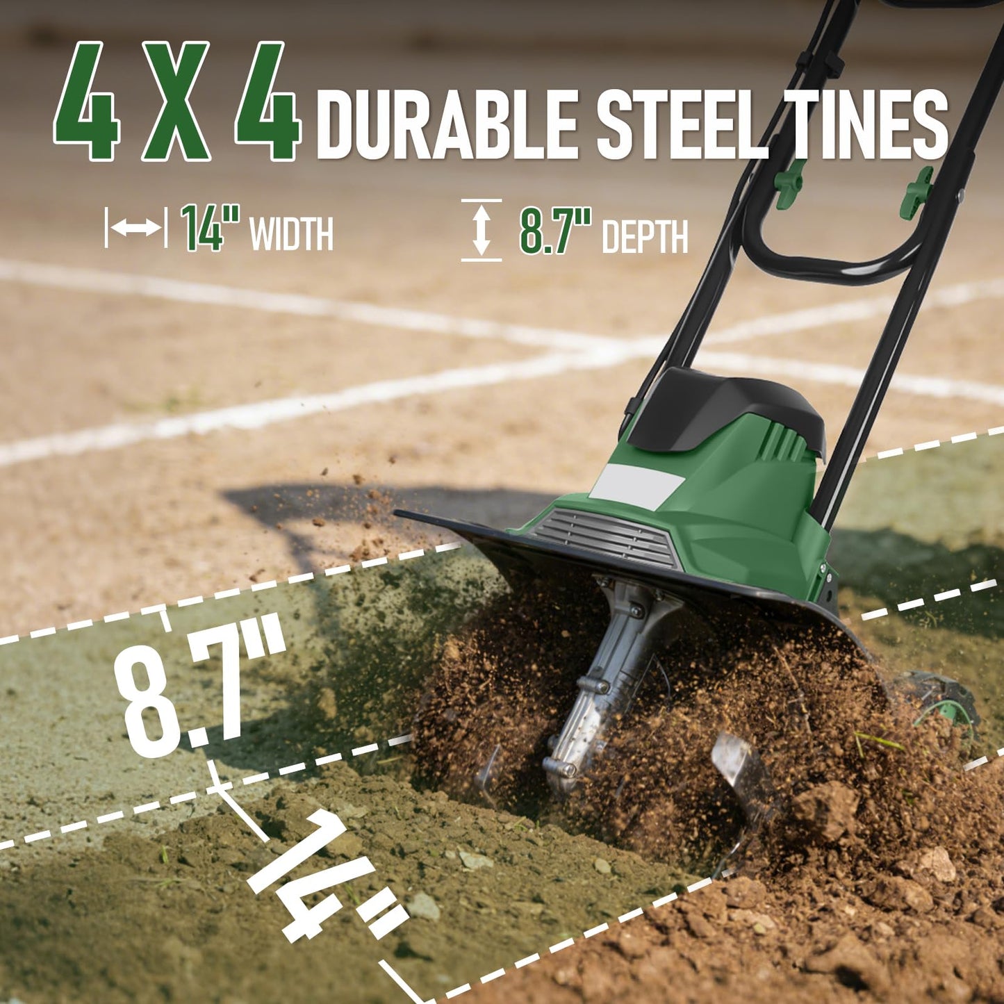 14-Inch Electric Tiller Cultivator, 10A 360RPM Corded Rototiller with 8.7-Inch Tillling Depth, 4X4 Steel Tines for Garden/Lawn/Yard/Soil Aeration/Soil Cultivation