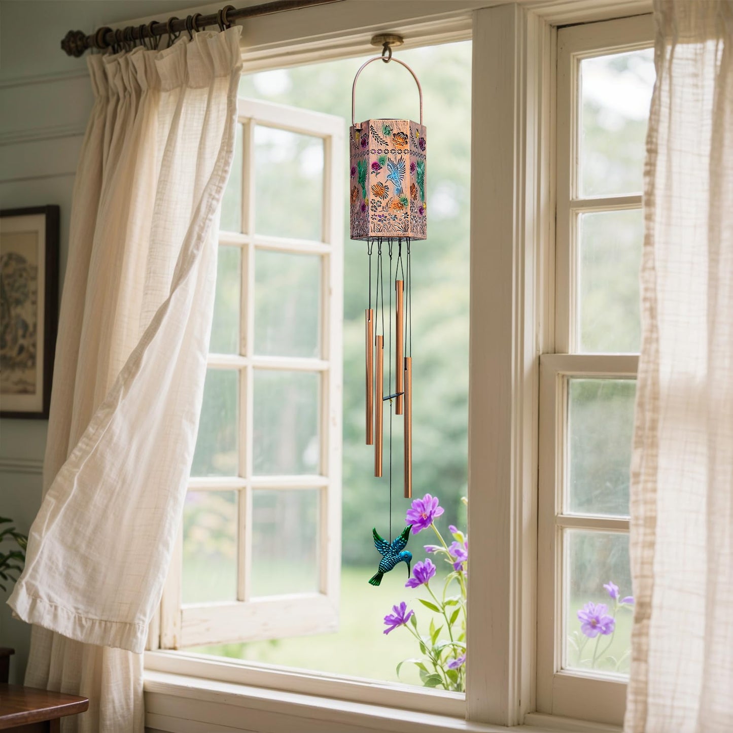 Hummingbird Solar Wind Chimes for Outside, Outdoor Solar Garden Decor Hanging Lantern for Balcony Porch Patio Backyard