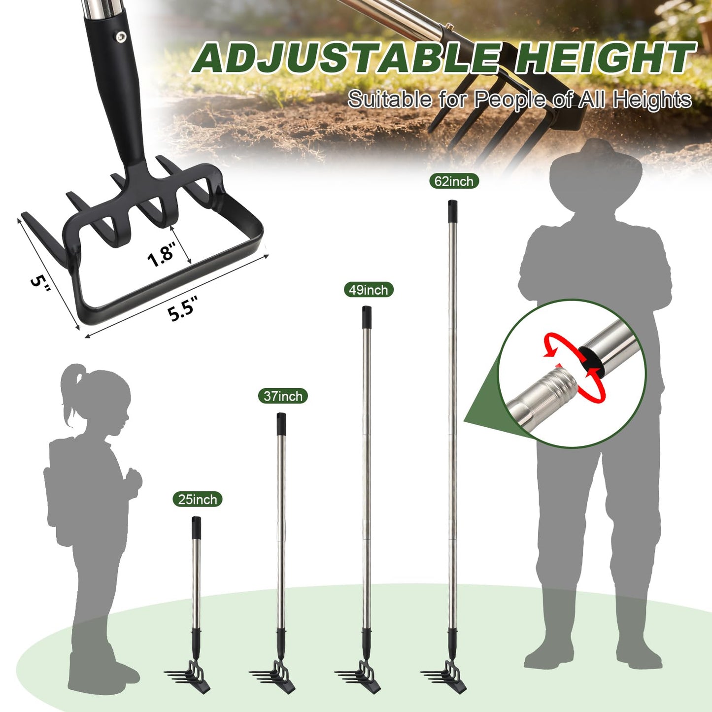 REILEIHODE Hoe Garden Tool for Weeding 2-in-1 Heavy Duty Metal Stirrup Hoe 4 Tines Prong Weed Hoe with 25-74 inch Long Adjustable Handle for Women Kids Men