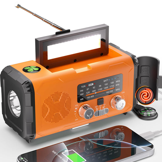 PLOOHT Emergency Weather Radio NOAA AM FM with 10000mAh Power Bank & Fire Starter, Solar/Hand Crank/USB-C Fast Charging, SOS Alarm, Flashlight for Indoor Outdoor Survival for Campers and Preppers