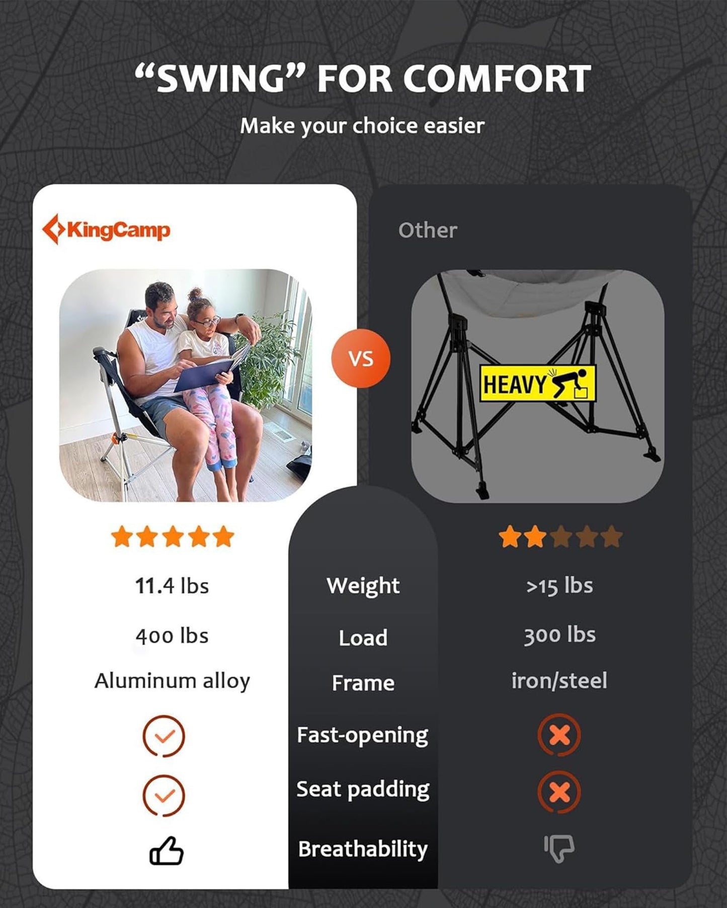 KingCamp Hammock Chair with Footrest – Heavy Duty Swinging Rocking Camping Chairs for Adults up to 400lbs, Folding Portable Oversized Rocker with Cup Holder & Pillow for Outdoor Beach Lawn RV Sports
