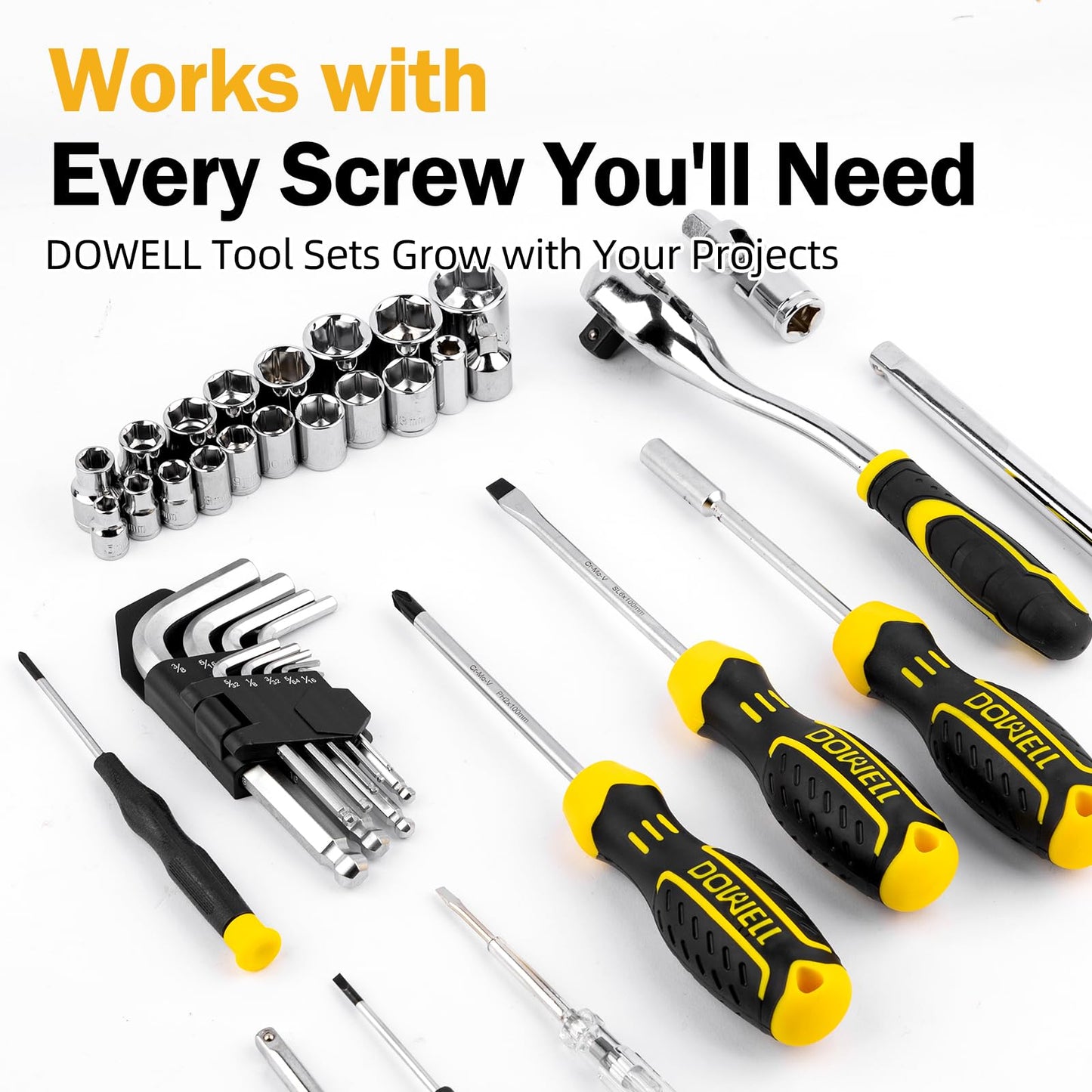 DOWELL 299-Piece Professional Hand Tool Set, Ultimate Drawer Toolbox with Sockets, Pliers, Hex Keys, Screwdrivers for Home, Auto Repair, Workshop & Emergency DIY