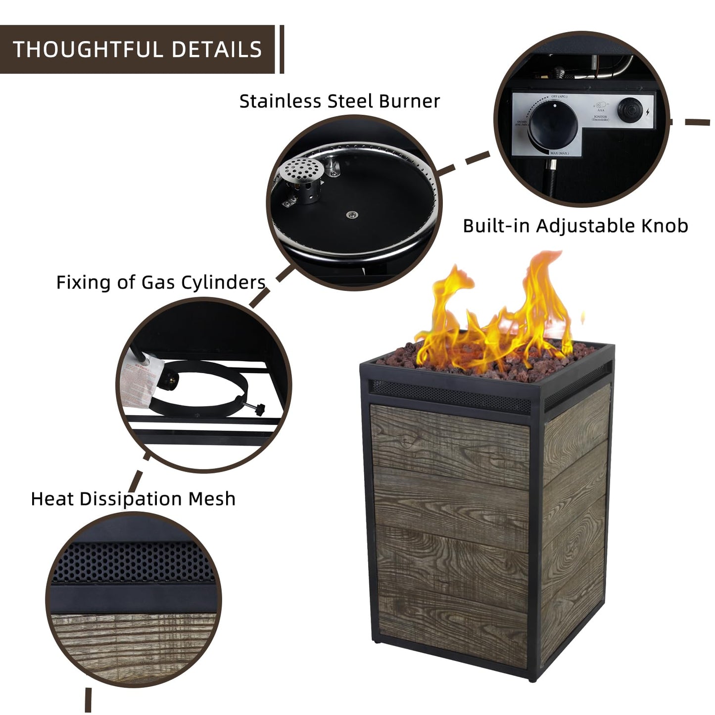 Afterglow Terrafab Grey Panels with Steel Frame 16" Square 40,000 Btu Propane Fire Column Outdoor Wood Effect Fire Pit for Outdoor Patio Garden Backyard Decking Decor CSA Certificated