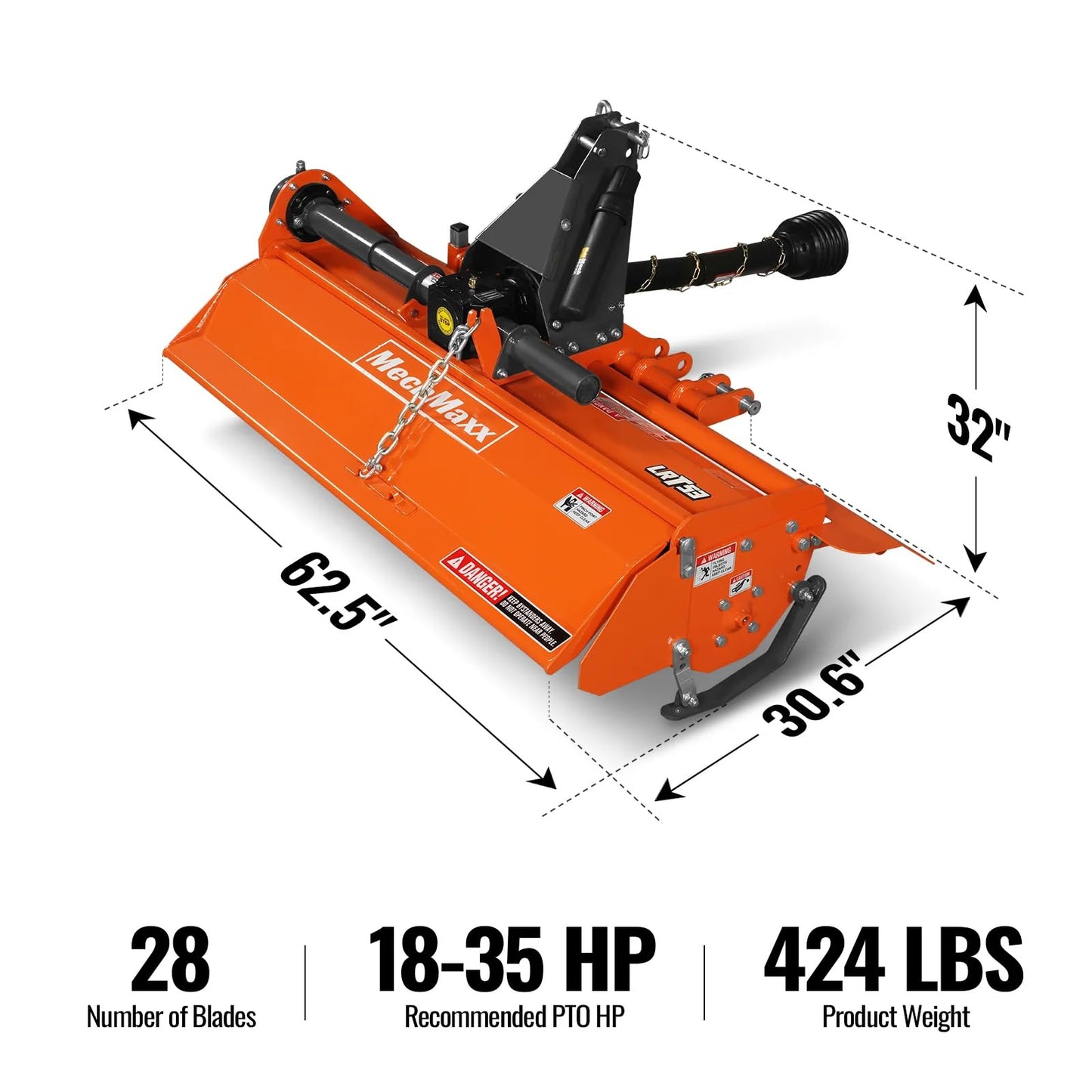 MechMaxx 53 in Rotary Tiller, 3 Point Hitch Cat.1, Chain Drive, PTO Shaft Included with Shear Bolt, 18–35 HP, LRT53