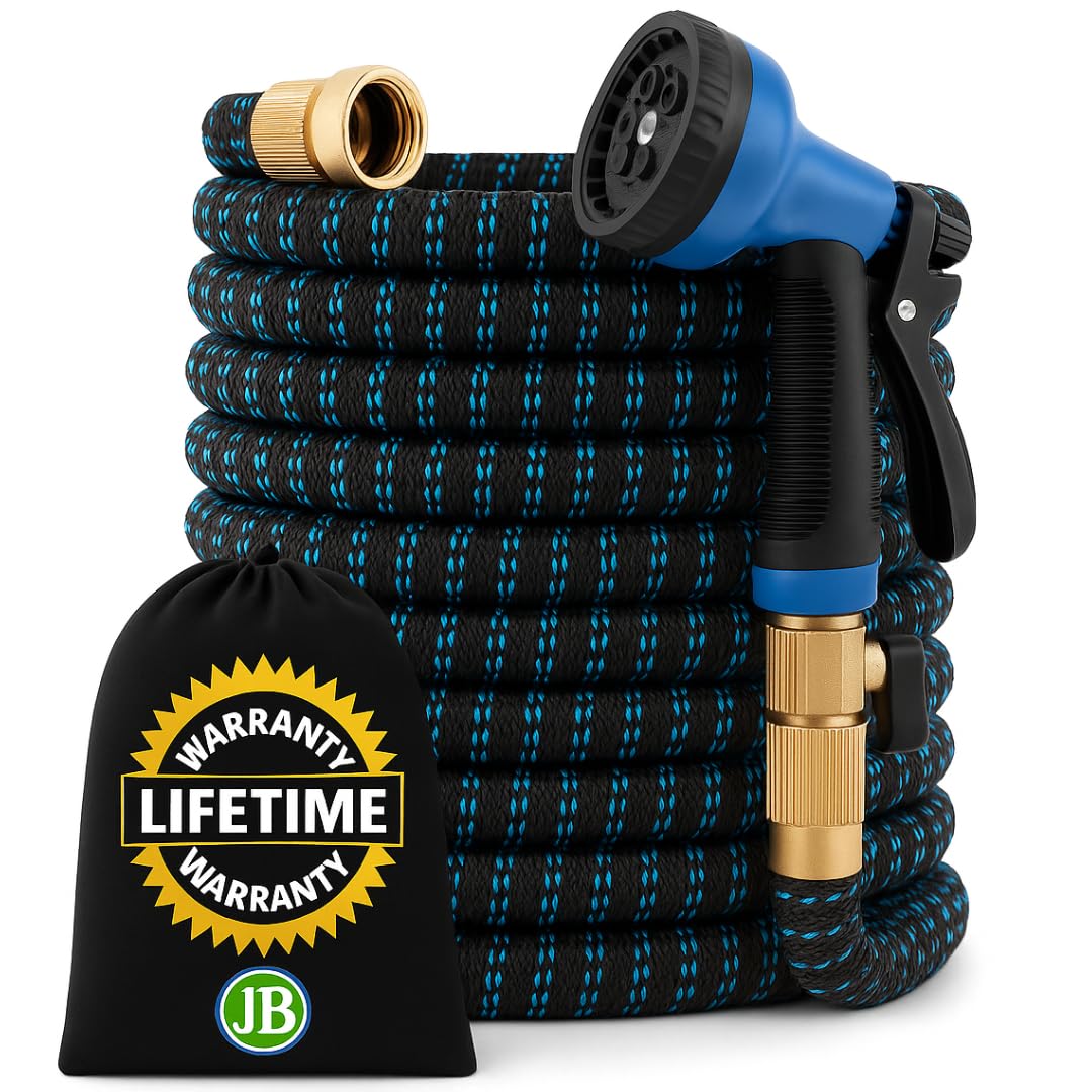 J&B XpandaHose 75ft Expandable Garden Hose with Holder - Heavy Duty Superior Strength 3750D - 4 -Layer Latex Core - Extra Strong Brass Connectors and 10 Spray Nozzle w/Storage Bag (Blue 75)