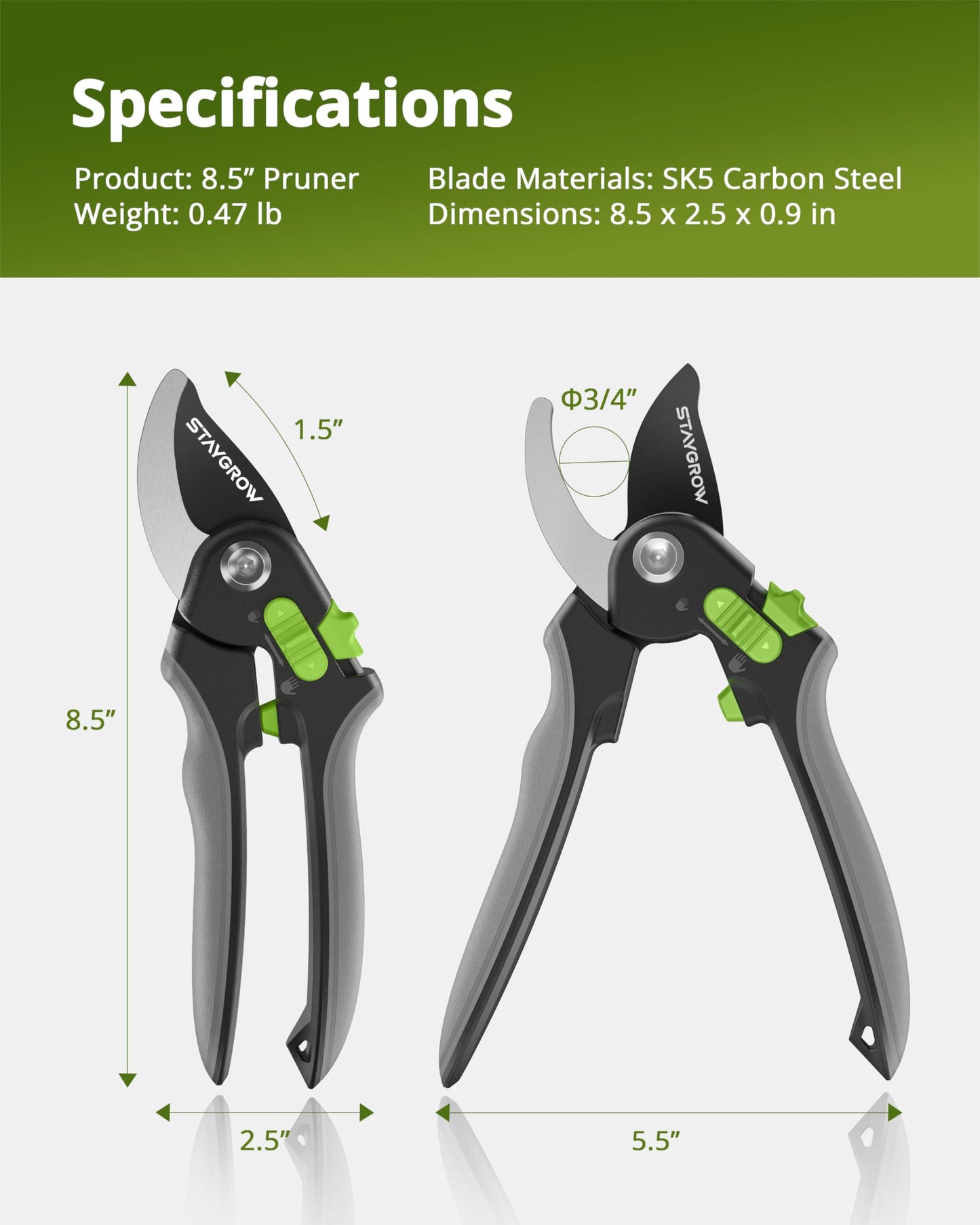 STAYGROW Pruning Shears for Gardening,8.5" SK5 Garden Shears Cuts 10000+ Times Staying Sharp, Garden Scissors with One-handed Unlocking&Adjustable Handle, Garden Clippers Gardening Tools for Men Women