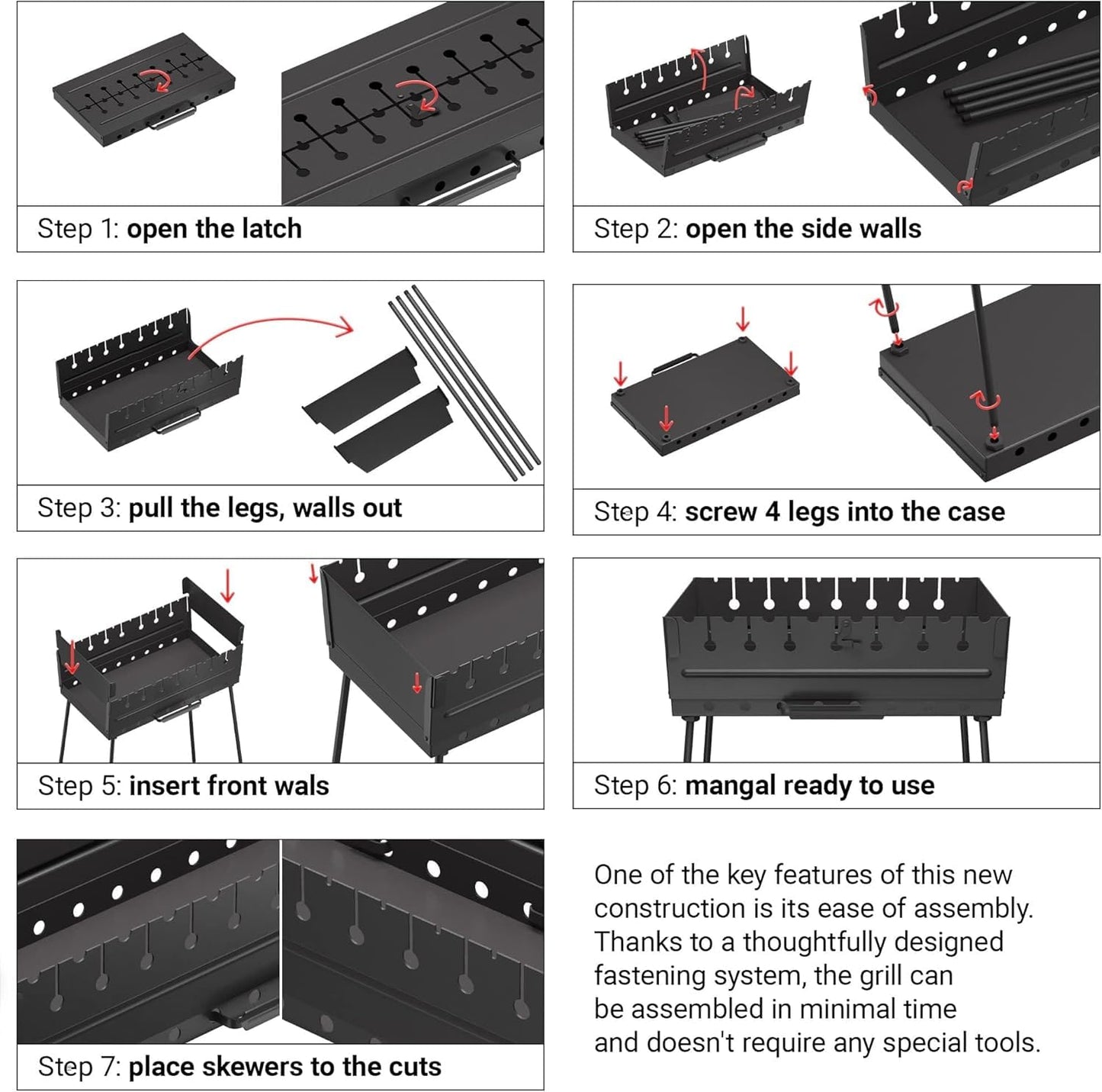 MHH Charcoal Grill for 8 Skewers - Portable Barbecue 16.9""×11.8""×16.9"" Kabob Camp Grills - Foldable Metal Mangal - Kebab Shish - BBQ for EDC Picnic Outdoor Cooking (Skewers Not Included)