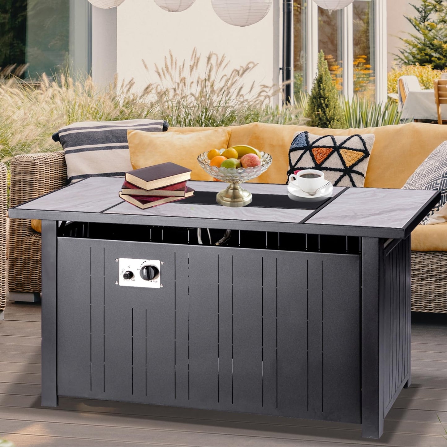 OutVue 47" Propane Fire Pit Table with Real Ceramic Tabletop, 50000 BTU Gas Firepit Table with Lid & Lava Stones, Outdoor Fire Pit for Dining or Party, Firepit for Outside, Patio