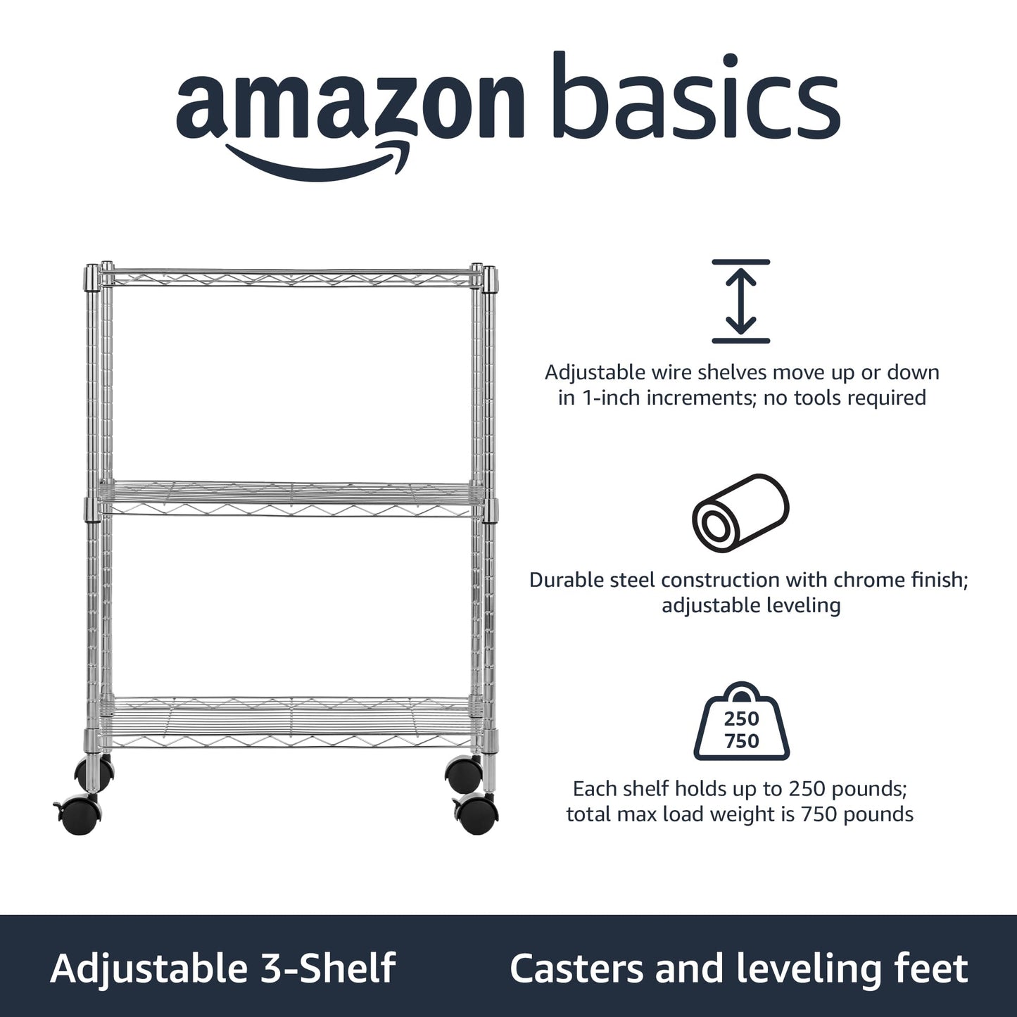 Amazon Basics 3-Shelf Heavy Duty Adjustable Wire Shelving Storage Rack on 2" PP Plastic Wheel Casters, Steel Utility Shelving Unit for Garage and Laundry Room, 23.2" x 13.4" x 32.75", Chrome