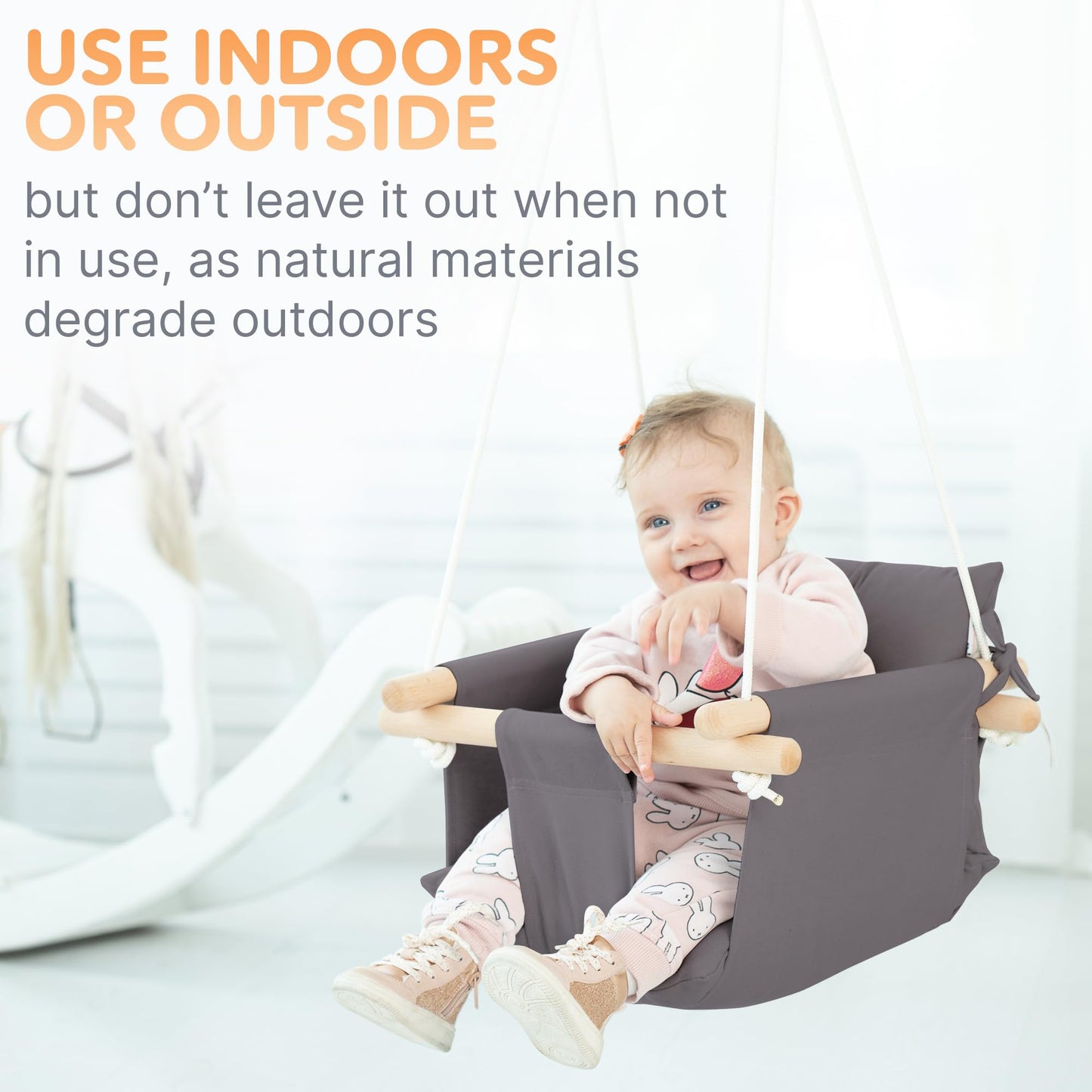 CaTeam Canvas Baby Swing Seat with 5-Point Safety Belt — Wooden Hanging Toddler Swing, Indoor & Outdoor, Ages 1-4, Ceiling Mount Hardware Included, Dark Gray