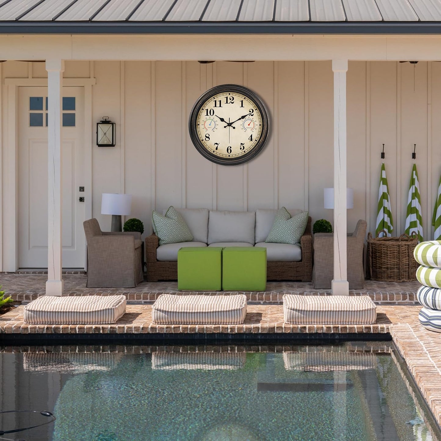 Alarllok 16 Inch Large Outdoor Clock with Thermometer and Hygrometer Combo, Waterproof Indoor Outdoor Wall Clocks for Patio, Pool, Garden, Backyard Decor- Retro Bronze