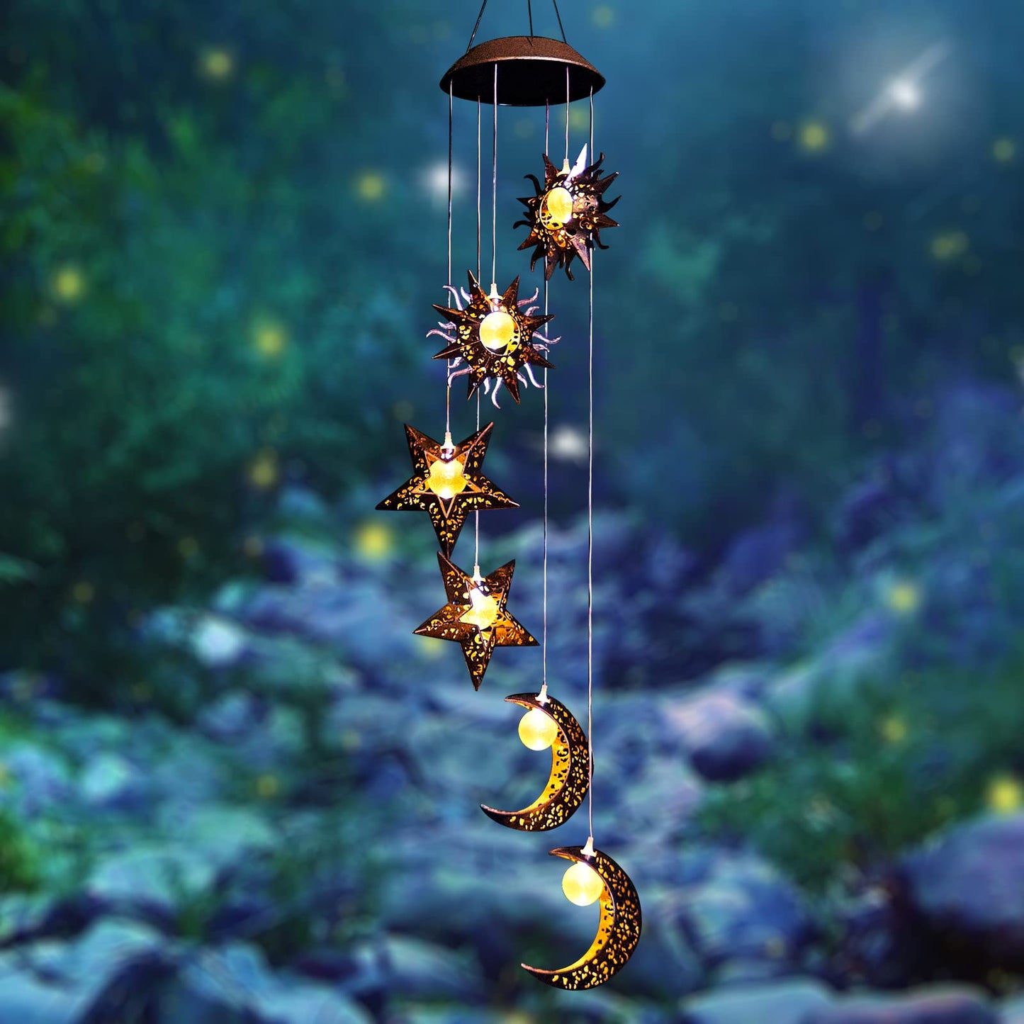 Tryme Solar Wind Chimes for Outside with Sun Moon Star Solar Hanging Lights Windchimes Outdoors Garden Decor Gifts for Mother, Grandma, Sister