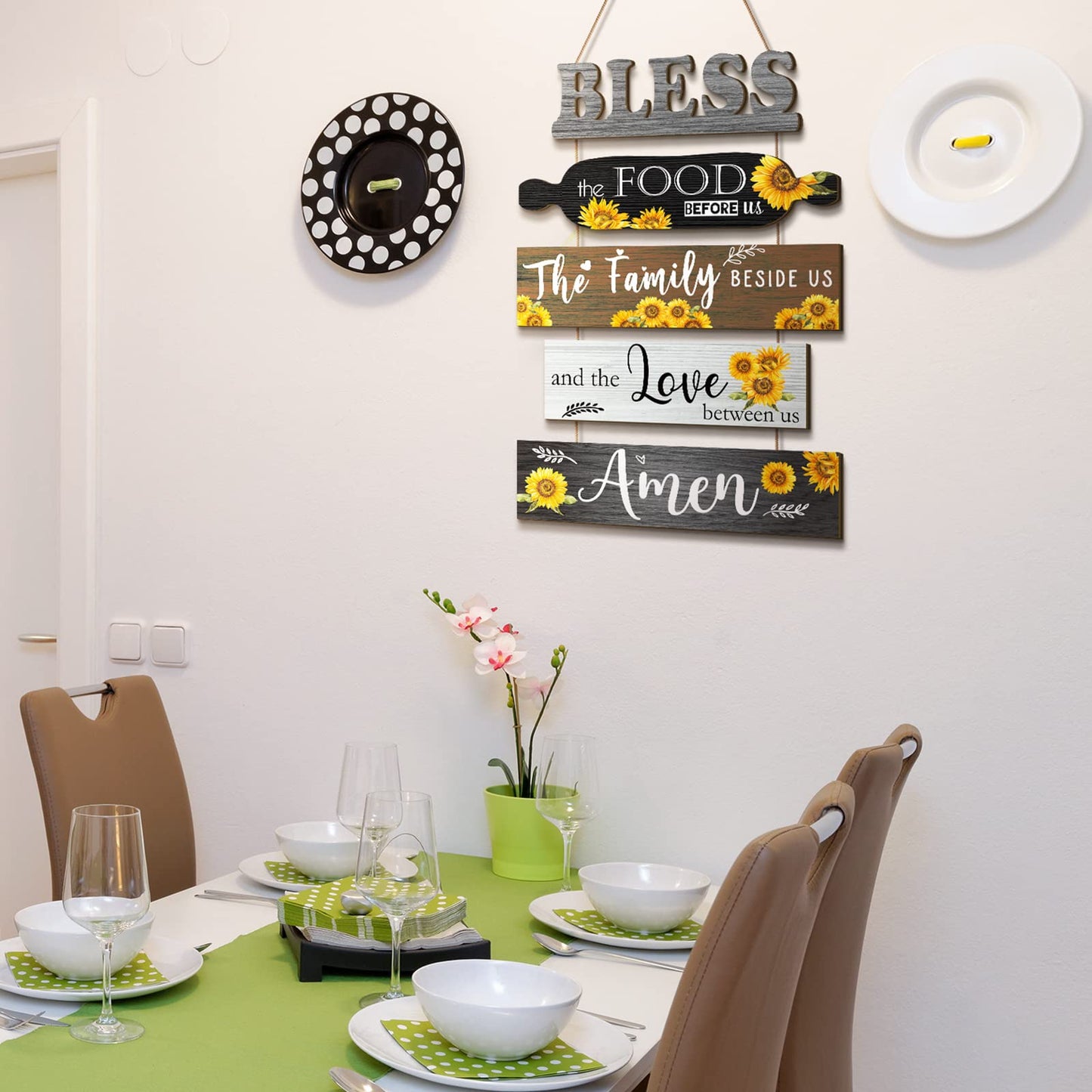 Wesiti 5 Pieces Kitchen Wall Decor Bless the Food Before Us Sign Farmhouse Rustic Dining Room Wall Art Wooden Hanging Signs for Kitchen Decor Hanging Plaque for Home(Sunflower)