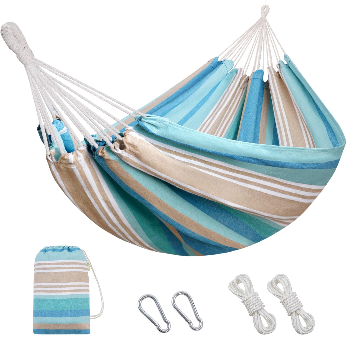 Brazilian Hammock with Tree Straps - Canvas Hammocks Portable Hammock with Carry Bag for Backyard, Porch, Outdoor and Indoor Use Blue & Green