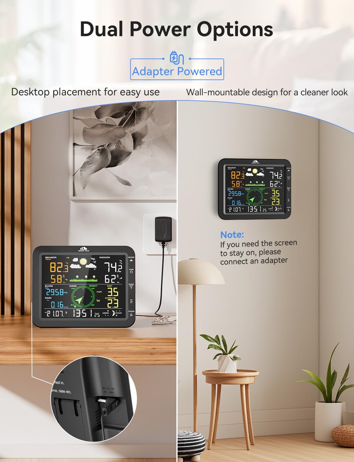AIRAIN TECH 10-in-1 Wireless Weather Station with Outdoor Wireless Sensor,Radio Controlled Clock,Rain Gauge,Wind Speed/Direction,Moon Phase, Barometer,Temperature/Humidity,Weather Forecast (NO WiFi)