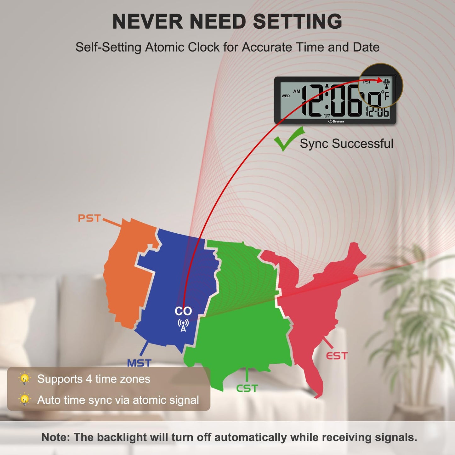 Soobest 8.5" Atomic Digital Wall Clock, Never Needs Setting, Auto Time Sync, Accurate & Easy to Use Clock with Backlight, Battery Operated, Temperature, Date, Auto DST, 4 Time Zones