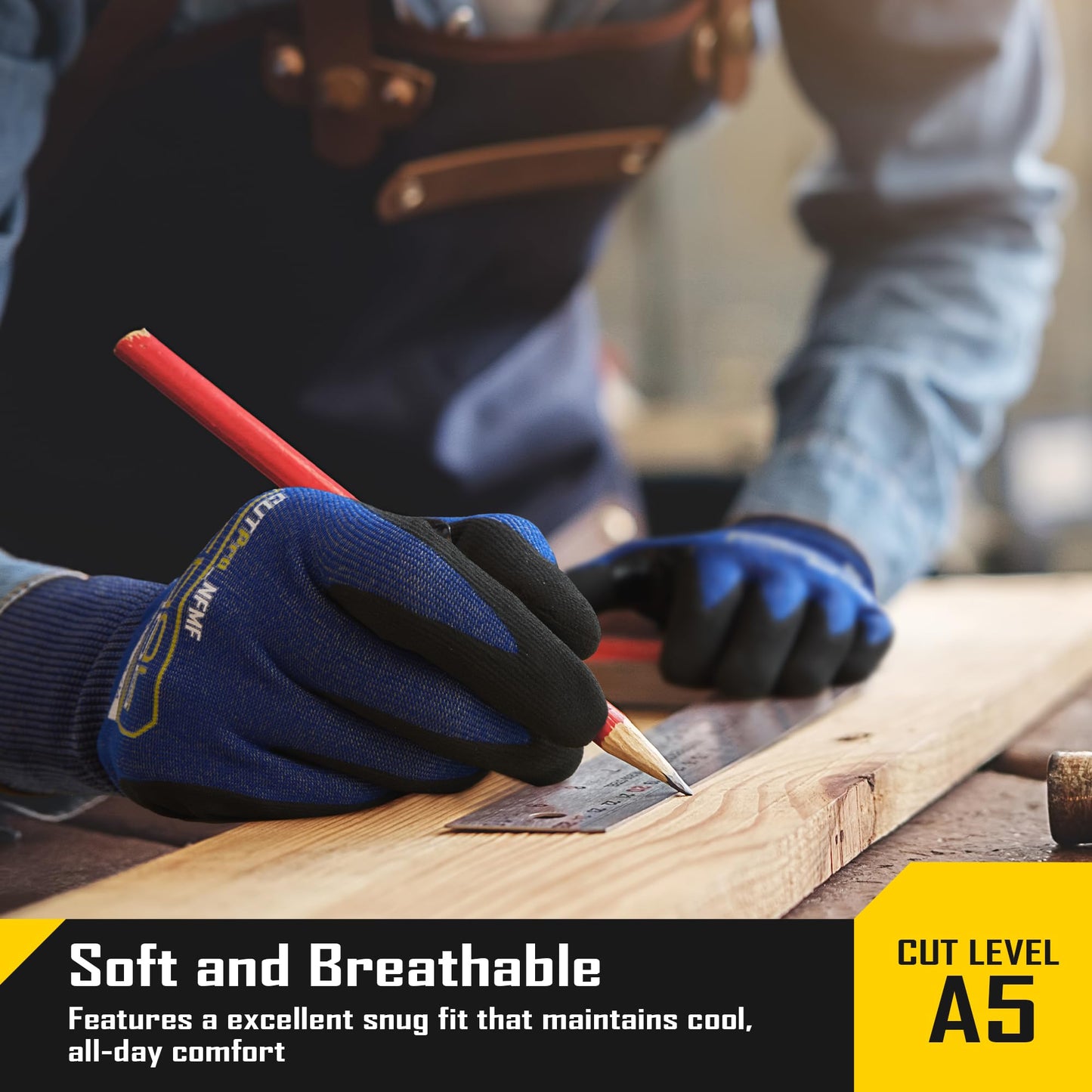COOLJOB A5 Fiberglass Free Cut Resistant Gloves for Men, Touchscreen Safety Work Gloves with Grip Nitrile Coated, No PFAS, Non Slip, Soft & Durable, for Carving, Glass Handling, Blue Xlarge 1 Pair