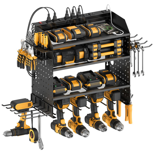 CCCEI Modular Power Tools Organizer with USB Charging Station, 4 Layer Drills and Battery Storage Wall Mount, Garage Shop Organization, Anniversary, Birthday, Gifts for Men, Father, 6FT Cord, Black.