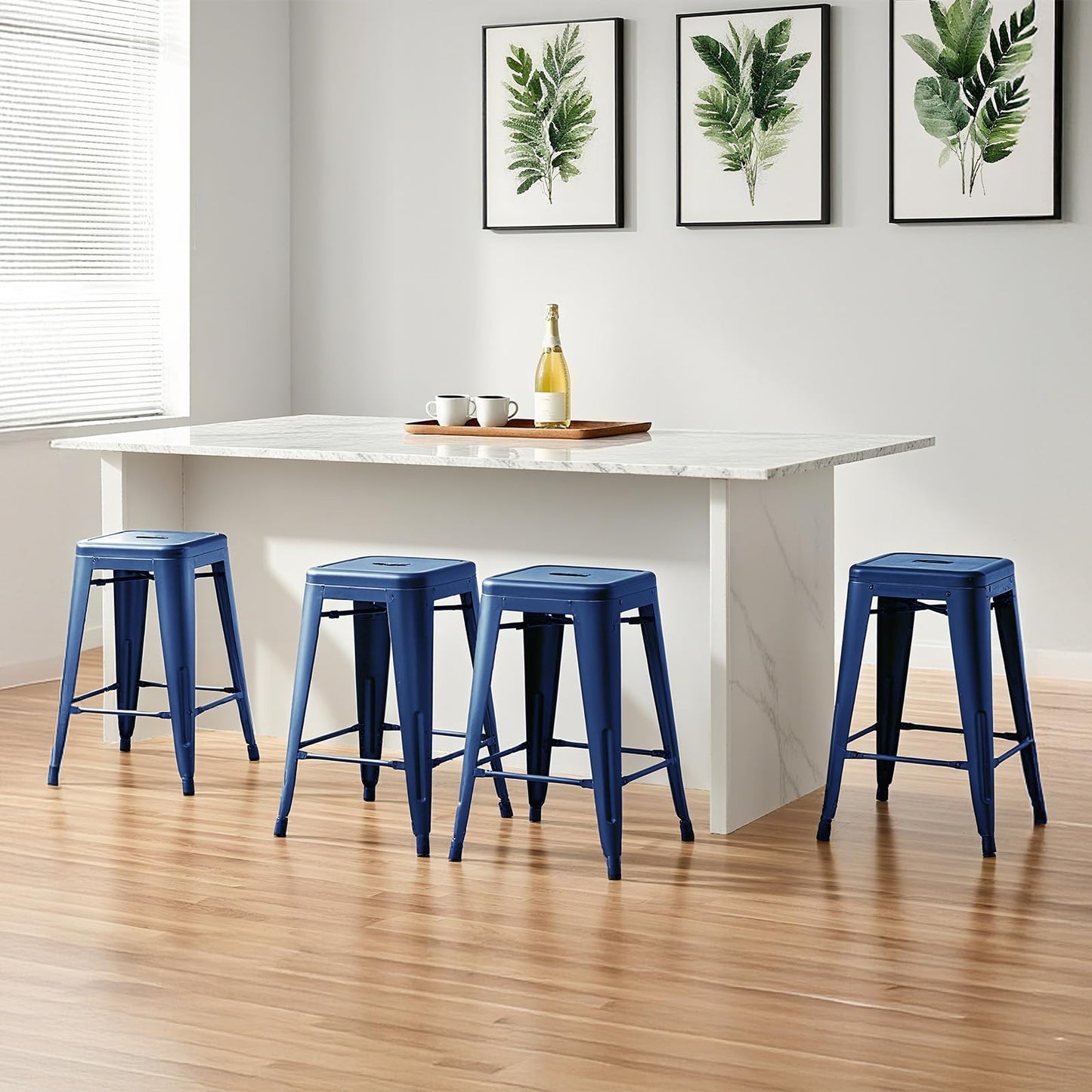 DUMOS Metal Bar Stools Set of 4, 24in Stackable Counter Height Bar Stools, Backless Restaurant Chairs for Kitchen Island, Indoor Outdoor Use, Classic Trattoria Barstools for Dining Room, Blue