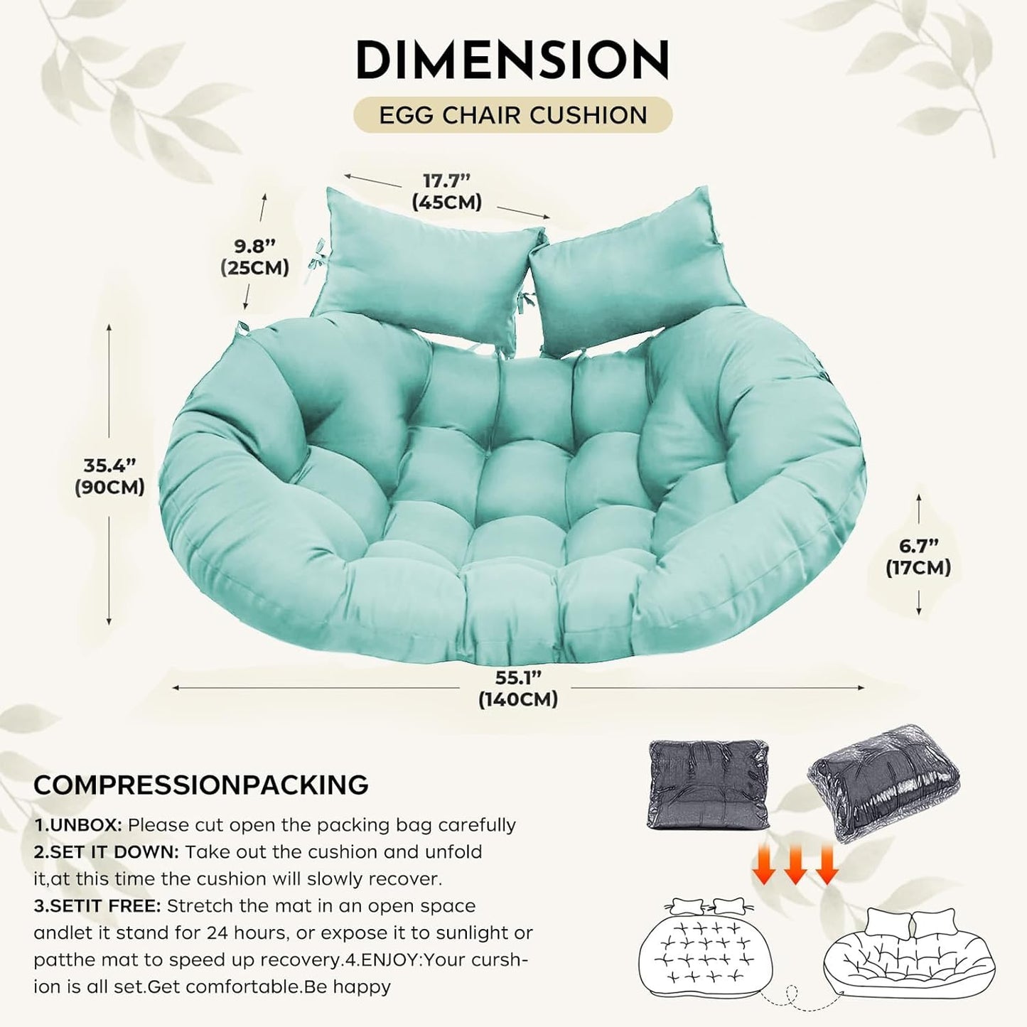 boyspringg Double Egg Chair Cushion Replacement 55x35 Inch, Thickened Memory Foam Patio Cushion for Large Double Egg Swing Chair Papasan, Outdoor Waterproof & Soft Seat Pad, Teal