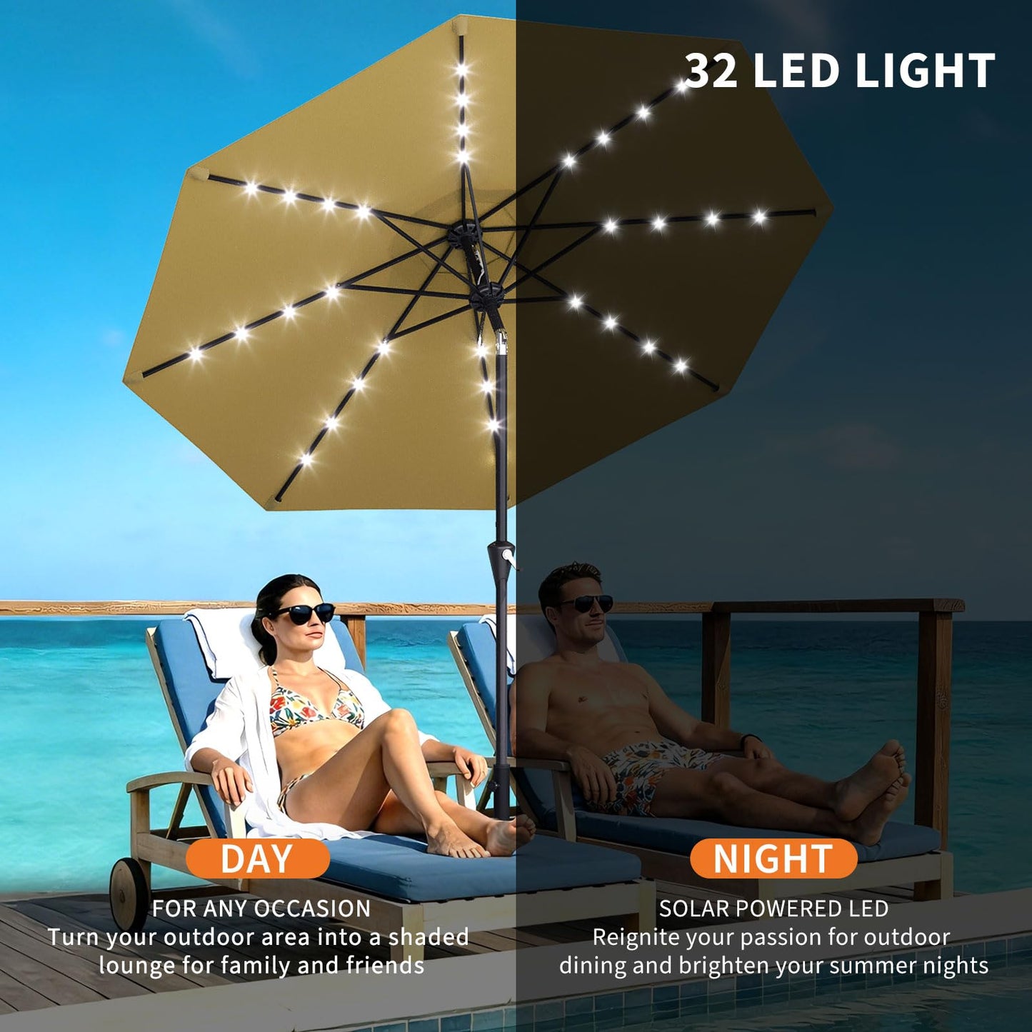 GarveeLife 10FT Patio Umbrella Outdoor, Table Umbrella with solar lights, 8 Sturdy Ribs UV Protection Waterproof for Garden, Pool, Deck (Tan)