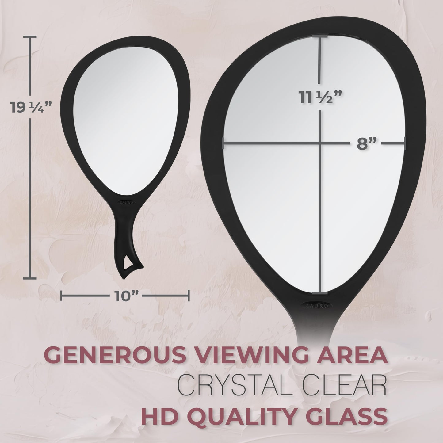 Zadro Salon Professional Extra Large Hand Mirror with Handle, 10" W x 19" L, Multi-Purpose Oval Handheld Mirror with New Distortion-Free Reflection (1, Black, Large (Pack of 1))