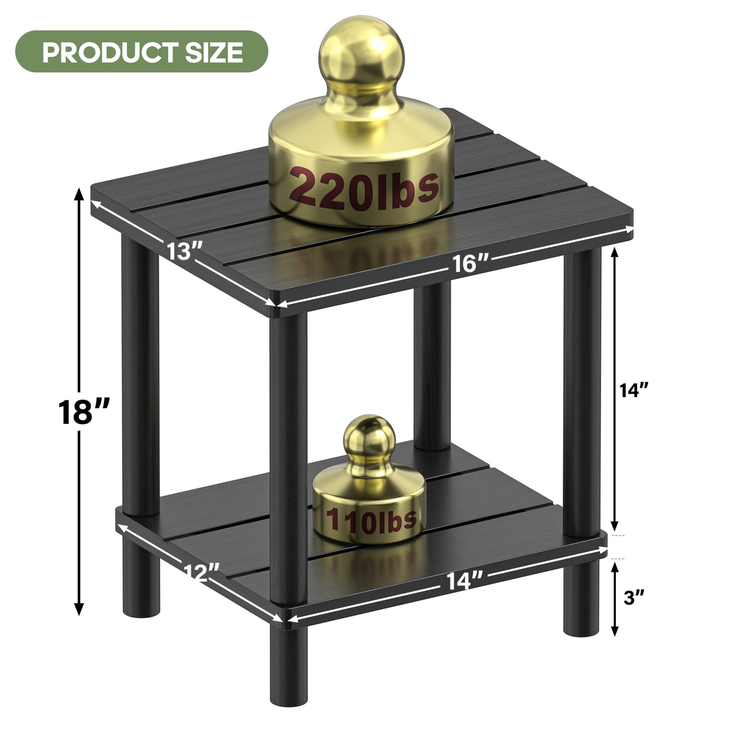 LEJANEOYE Outdoor Side Table, 2-Tier Small Outdoor Table for Patio, Adirondack Side Tables for Outside or Indoor, Bamboo End Table for Pool, Porch, Weather Resistant Easy Maintenance-Black