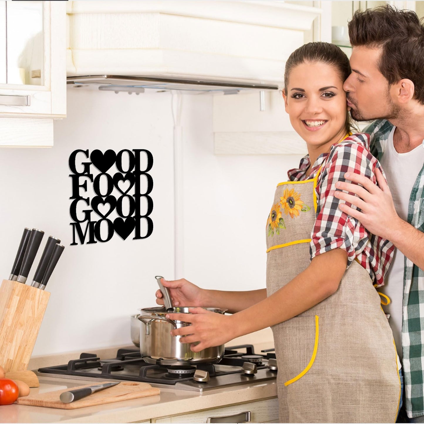 Good Food Good Mood Metal Wall Art Sign, Farmhouse Dining Room Kitchen Wall Decor Housewarming Gift Counter Pantry Sign Black, 11.6x11.6 inches
