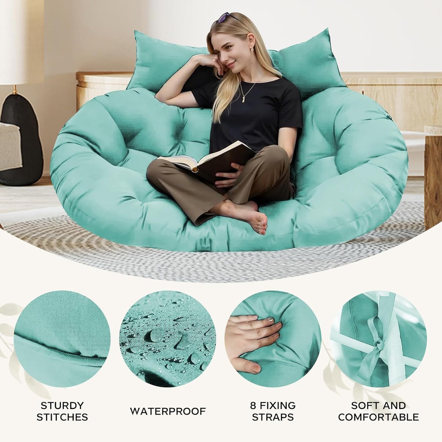 boyspringg Double Egg Chair Cushion Replacement 55x35 Inch, Thickened Memory Foam Patio Cushion for Large Double Egg Swing Chair Papasan, Outdoor Waterproof & Soft Seat Pad, Teal