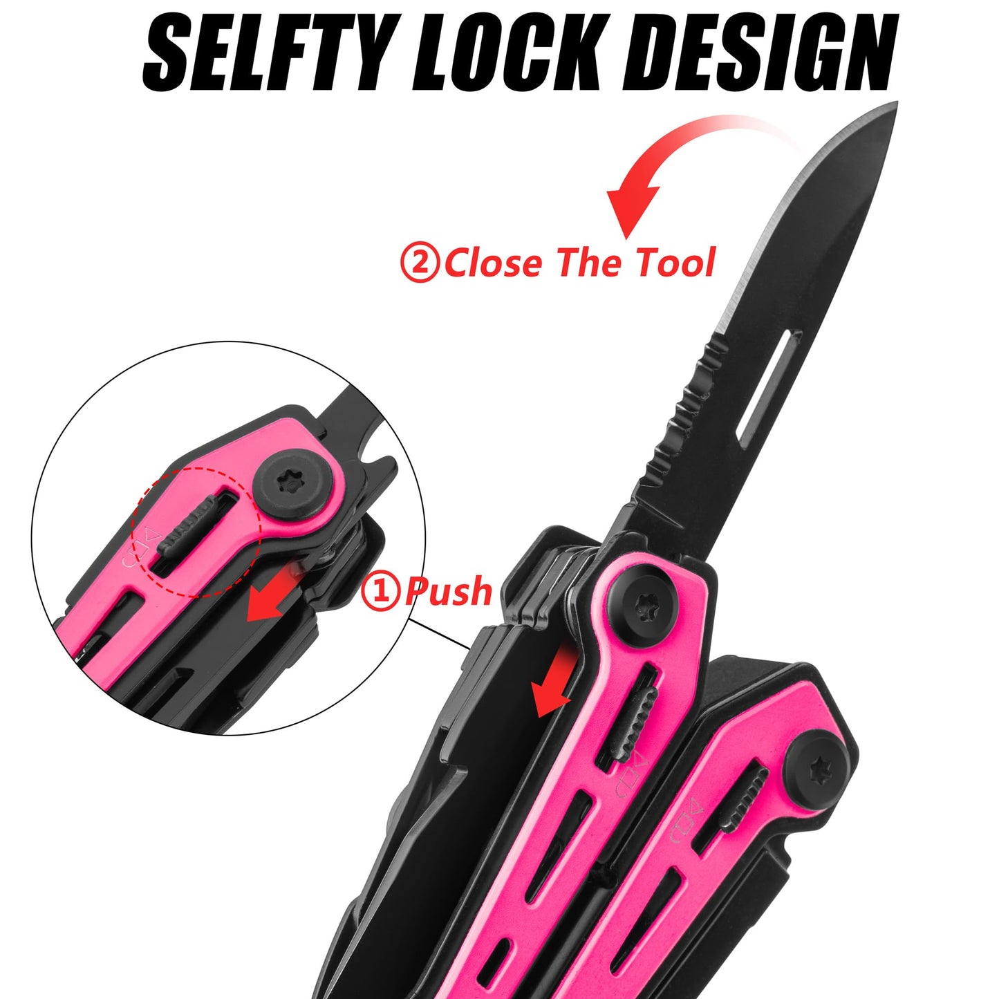FLISSA 16-in-1 Pink Multi Tool Pliers, Gifts for Mom Women, Stainless Steel EDC Multitool with Pocket Knife, Belt Clip and Oxford Pouch, for Camping Survival Outdoor Activities