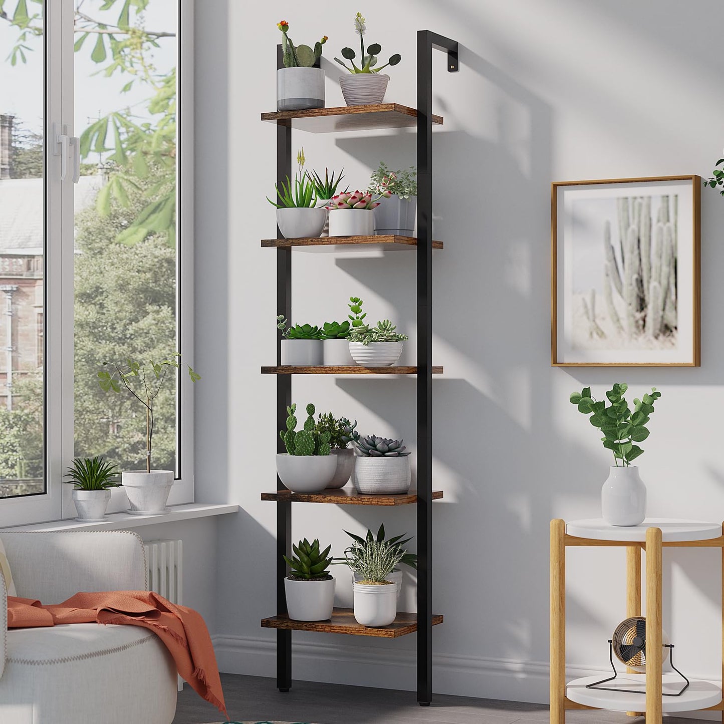 YMYNY 5 Tiers Ladder Bookcase, Industrial Wall Mounted Bookshelf, Open Display Rack with Metal Frame, Wooden Storage Shelves for Bedroom, Home Office, Plant Stand, Rustic Brown, 70*17.3*11.8"UHBC015H