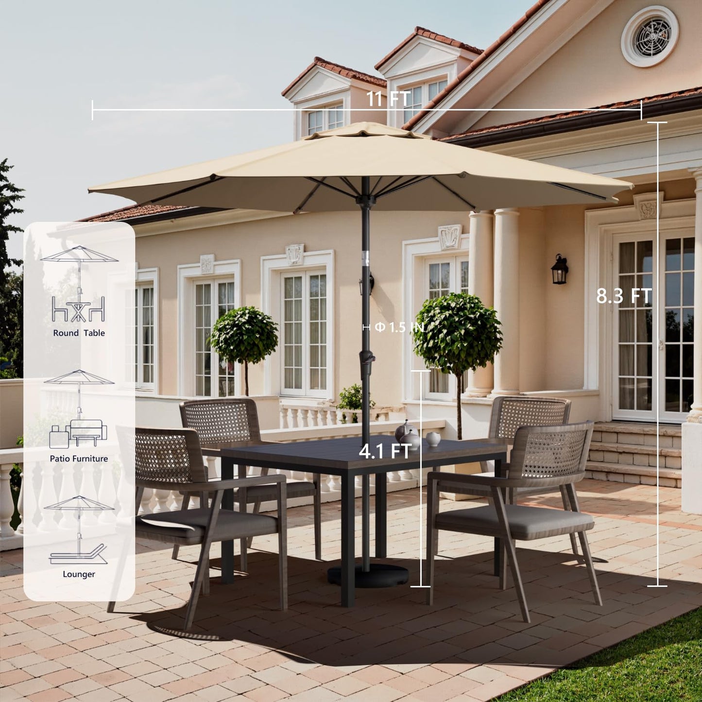 Benass 9ft Outdoor Patio Umbrella with One Push Button Tilt and Crank, 8 Sturdy Fiberglass Ribs Market Table Umbrella (Beige)