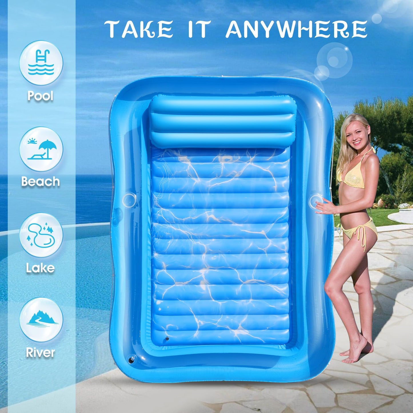 Junbig Inflatable Tanning Pool for 2 Person, 81''x 60'' Tanning Pool Lounger Float with Pillow, Thicken Sutan Tanning Bed Pool Floats Adult w/2 Cup Holders, Water Tanning Pools for Backyard Lake Party