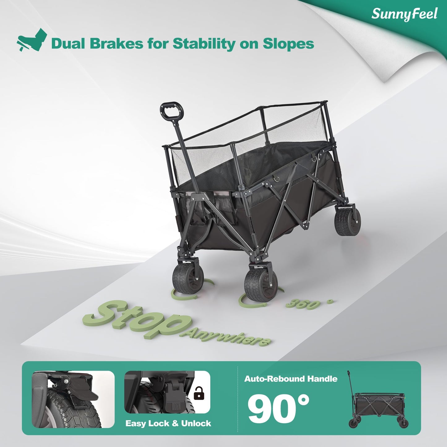 SUNNYFEEL Extra Large Folding Wagon 300L - 500LBS Heavy Duty Beach Wagon Cart with Big All-Terrain Wheels, Stable Frame, Adjustable Handle for Camping, Groceries, Shopping (Black, Tall Version)