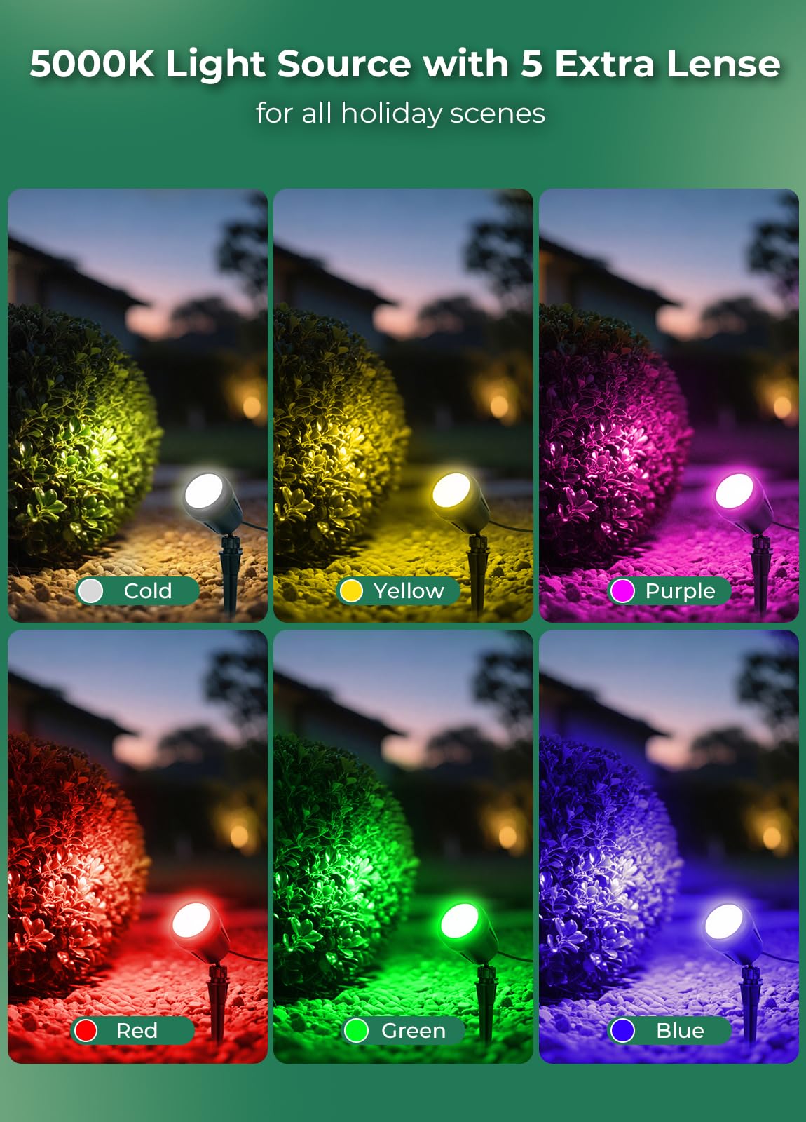 Gmalos Christmas Spotlights Outdoor, 120V Plug-in Halloween Spot Light, 5000K LED Landscape Lighting with 5 Color Lenses (Red Green Blue Purple Yellow), IP67 Waterproof, 4 Pack