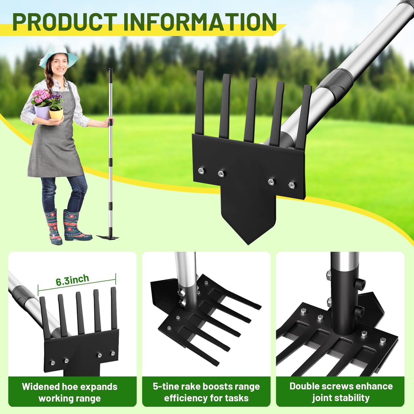 Ukiupop 2-in-1 Heavy-Duty Weed Puller Tool with 5-Tine Rake – 30" to 60" Adjustable Handle, Hoes for Gardening, Hoe Garden Tools for Loosening Soil, Planting, Weeding