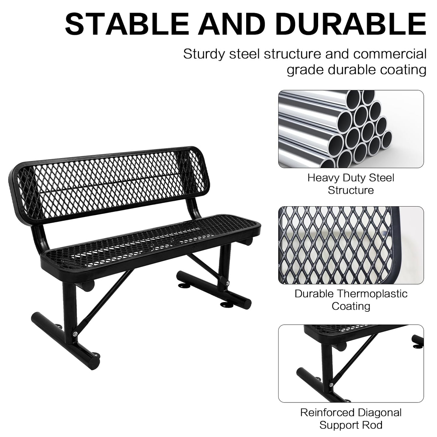 Congfutt 4 Ft Metal Park Bench for Outside, All-Weather Thermoplastic Coating Outdoor Bench with Backrest, Commercial Heavy Duty Benches for Shopping Malls, Stores, Parks, Patios, Decks, Black