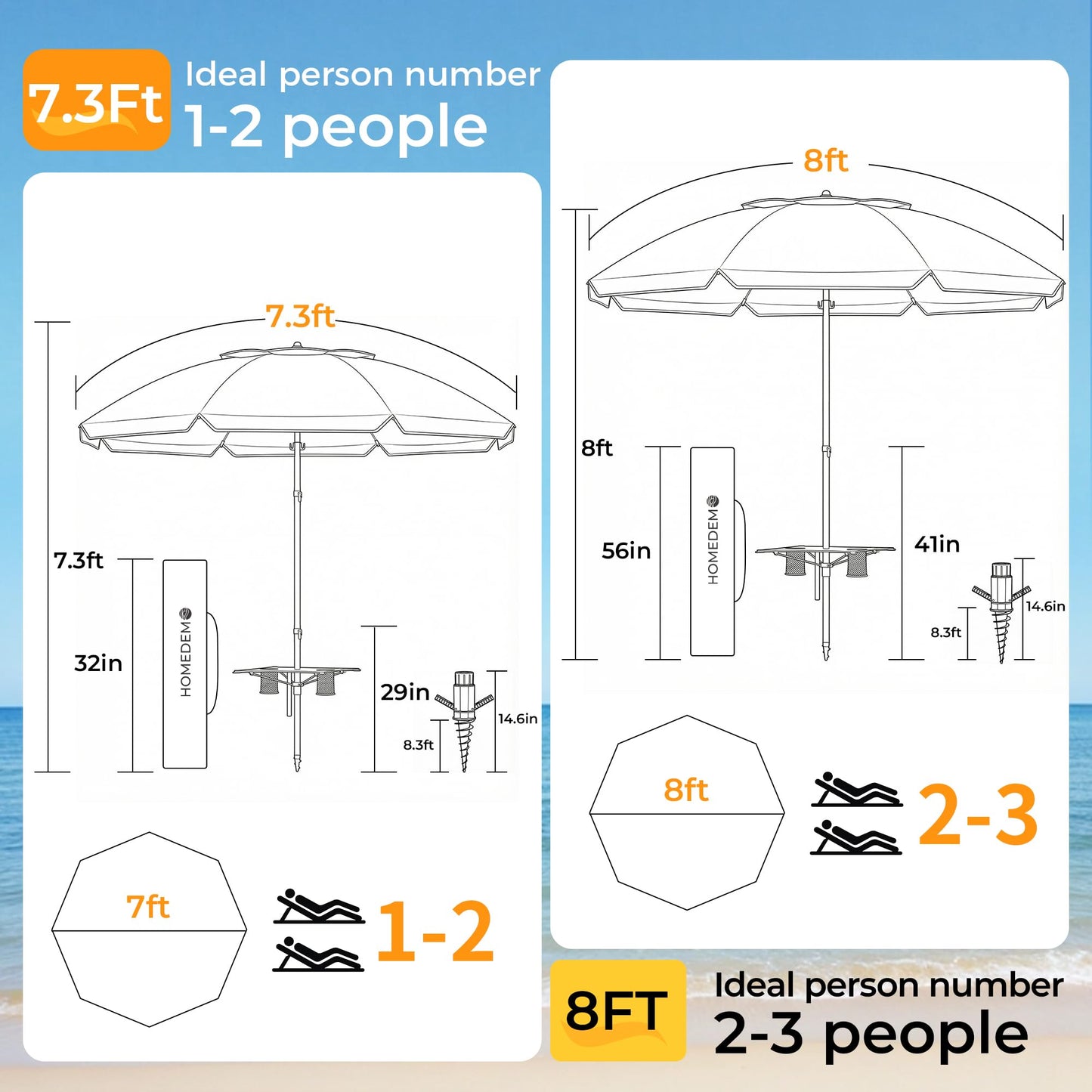 HOMEDEMO 7FT Beach Umbrella with Table & Large Sand Anchor, Heavy Duty Windproof Portable Beach Umbrella witn UPF 50+ Sun Protection, Outdoor Umbrellas with Adjustable Aluminum Pole, Türkiye Blu