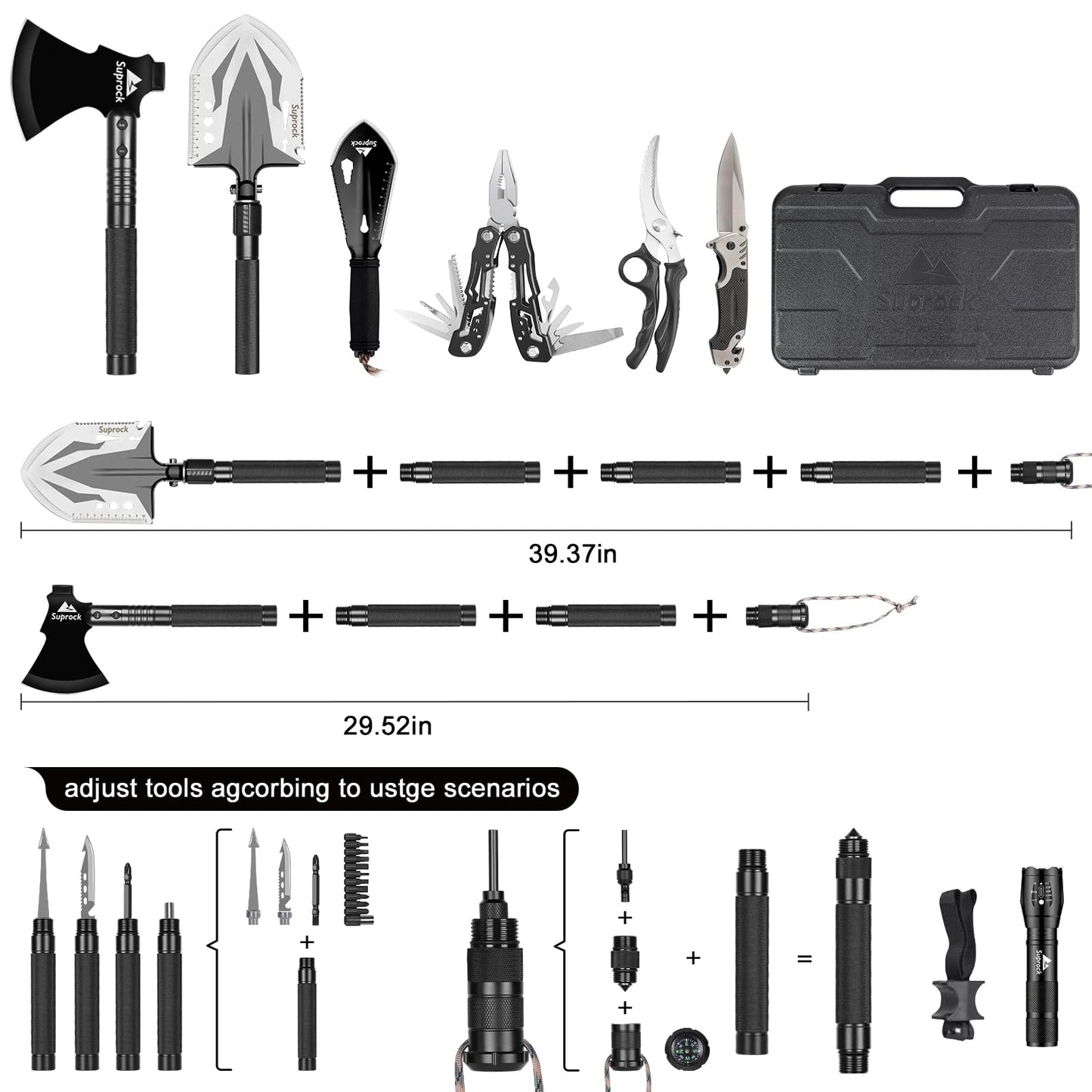 SUPROCK Survival Shovel and Camping Shovel, 30-in-1 Tactical Shovel Axe with High Carbon Steel, Folding Entrenching Tool with Pouch for Emergency, Hiking, Outdoor Gear