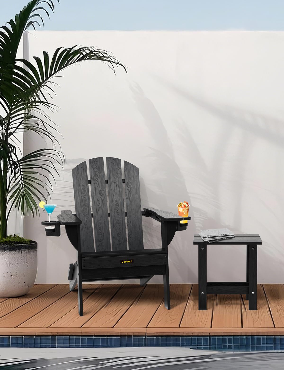 Folding Adirondack Chair, Wooden Textured Plastic Adirondack Chairs with 2 Cup Holder, Weather Resistant HDPE Fire Pit Chair, Outdoor Patio Chairs for Garden, Backyard, Lawn, Deck, 380LBS, Black