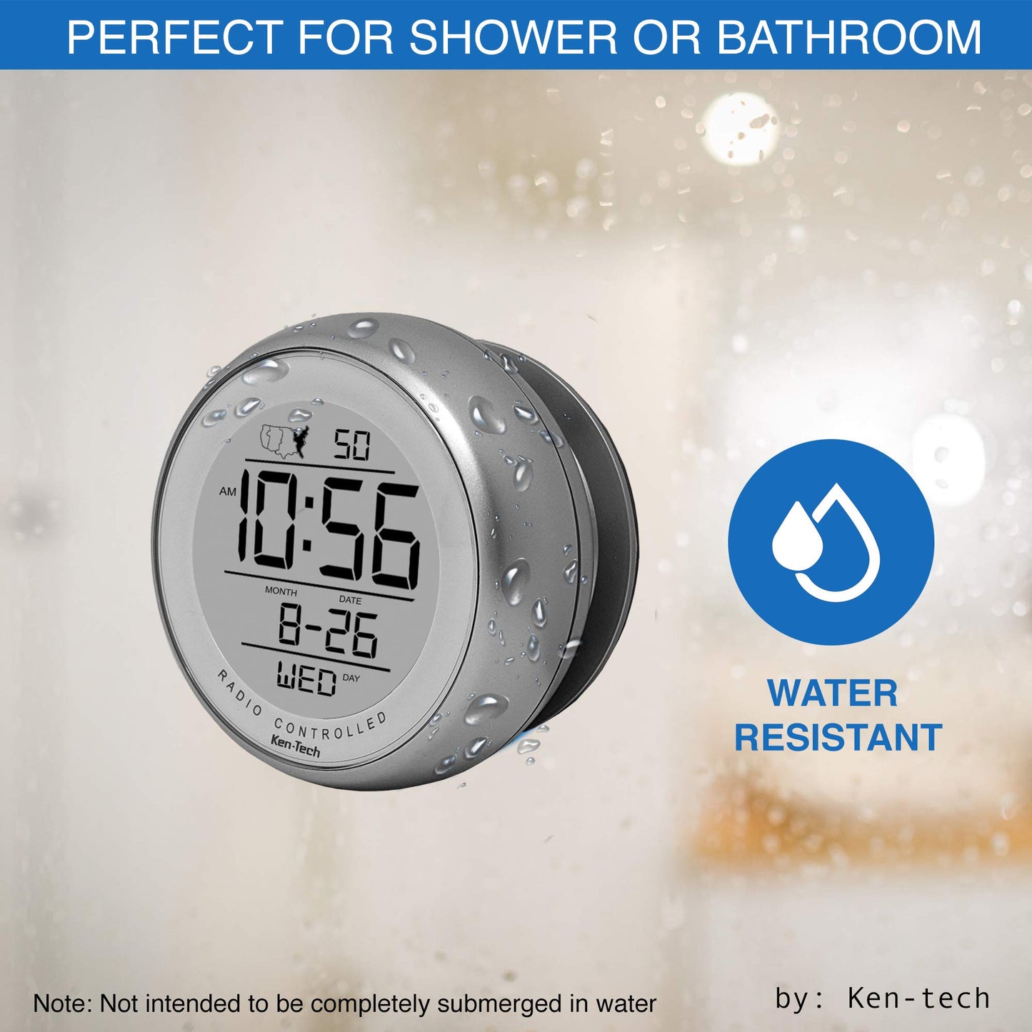 Ken-TECH T-4660 Water Resistant Suction Cup Atomic Clock, Silver