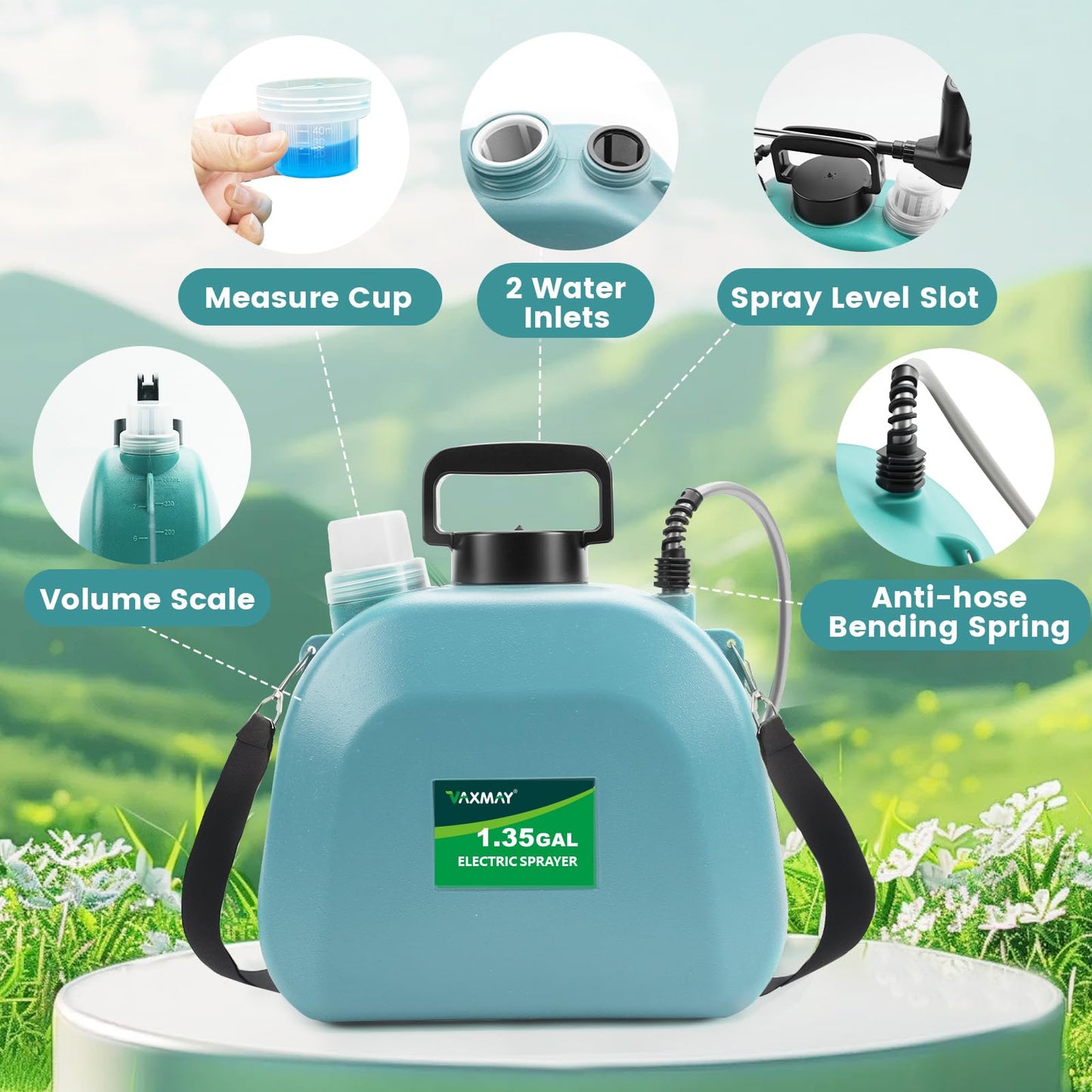 Battery Powered Sprayer 1.35 Gallon, 2026 Electric Garden Sprayer with 3 Adjustable Speeds, 4 Mist Nozzles, Rechargeable Handle, Retractable Wand with Adjustable Shoulder Strap for Weed Lawn(Blue)