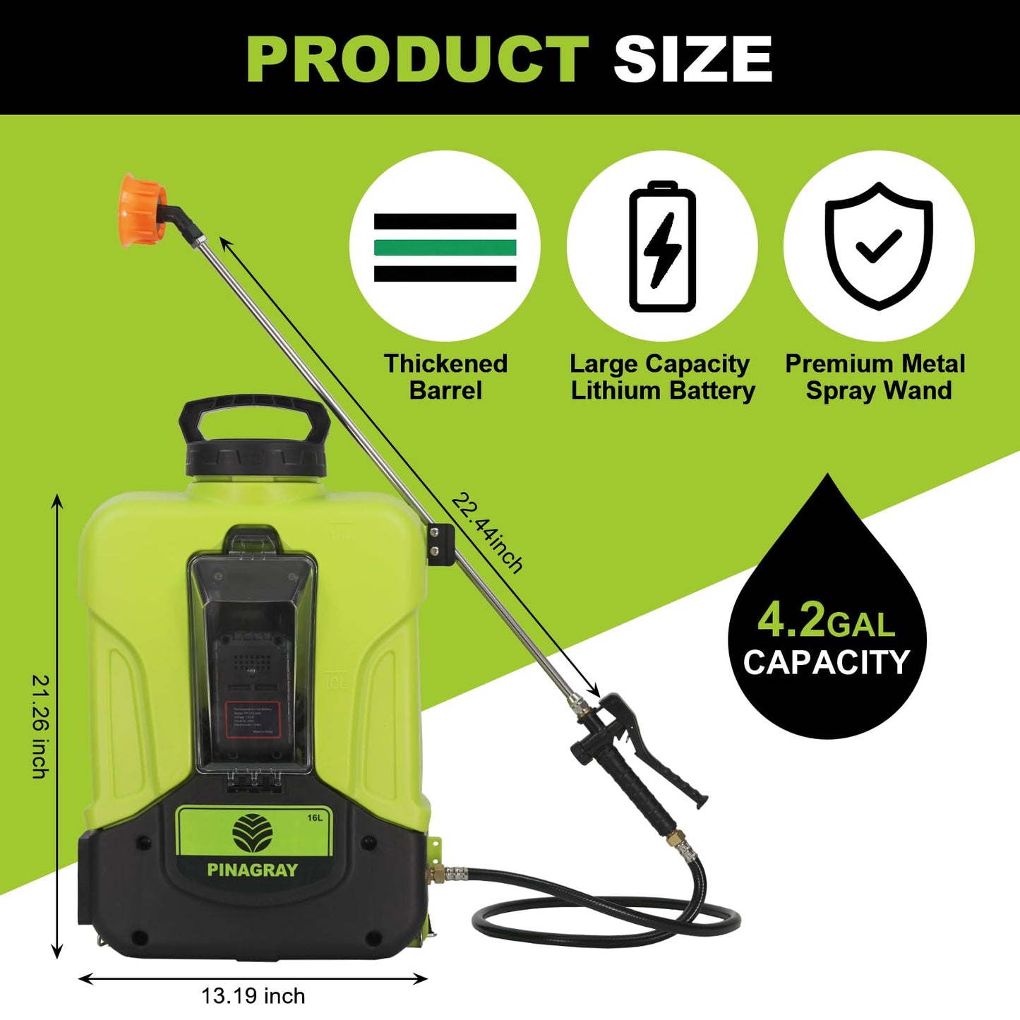 PinaGray 4.2Gal Upgrade Backpack Sprayer with Detachable Battery, 0-100 PSI Adjustable Electric Backpack Sprayer, 100+ Gal Per Charge, Long Range Sprayer for Large Yards