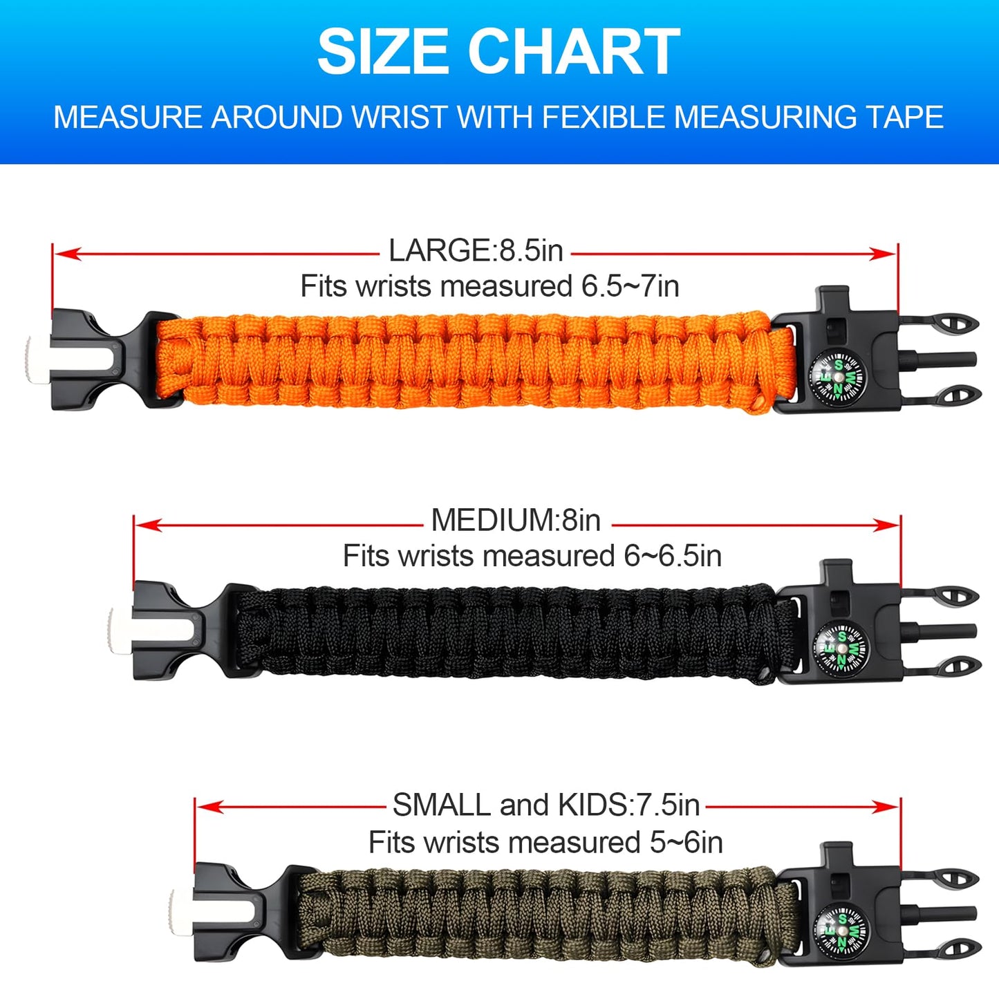 aiGear Survival Bracelet Set 3 Pack with Compass & Whistle, Camping, Hiking Emergency Gear (Black, Green, Orange)