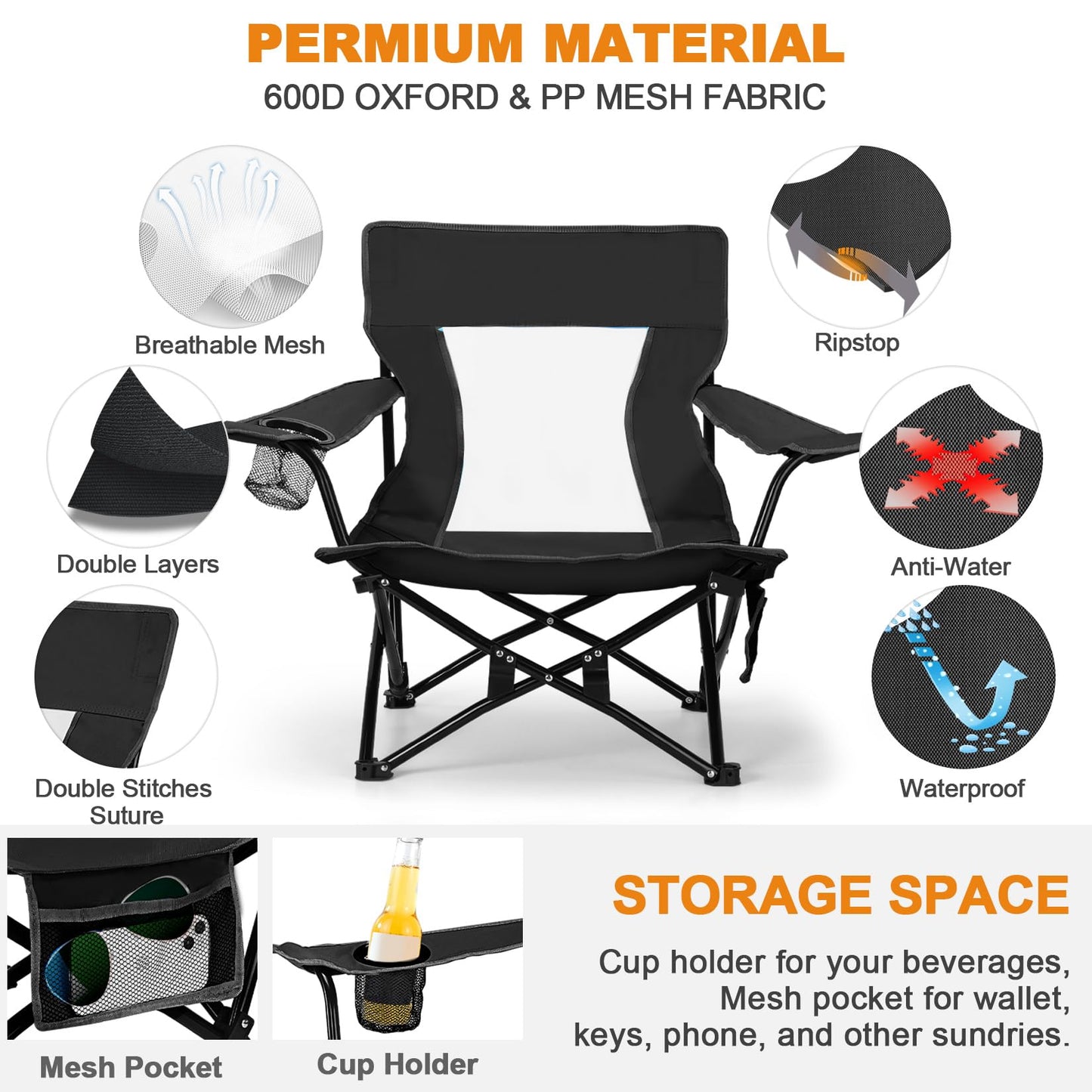 Joyfair Beach Camping Chair (2 Pack), Outdoor Folding Lawn Chair for Adults, Heavy Duty Portable Chair with Armrest for Outside Fishing, Sport, Patio, Cup Holder & Storage Pocket, Carry Bag (Black)