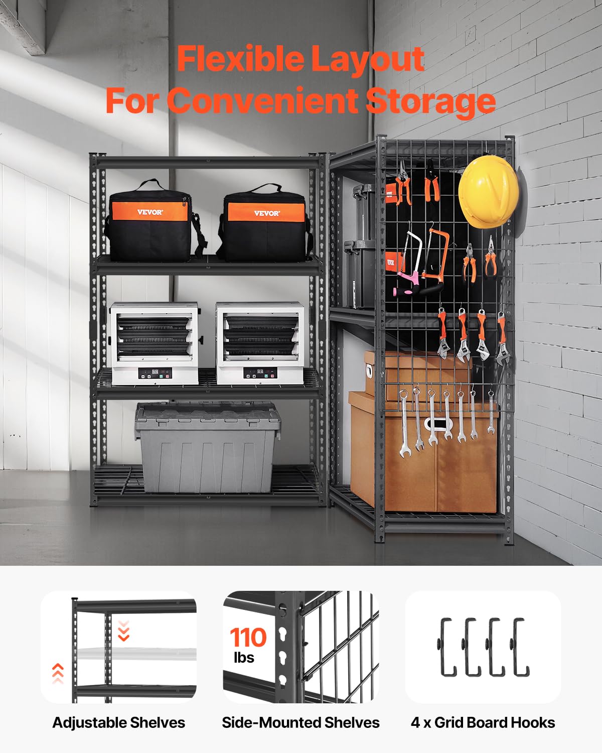 VEVOR Storage Shelves, 2400 lbs, 4 Tier Heavy Duty Garage Shelving, 20" D x 40" W x 60" H Adjustable Metal Shelves for Industrial Shelving Unit Utility Shelf, for Kitchen, Warehouse, Basement, Black