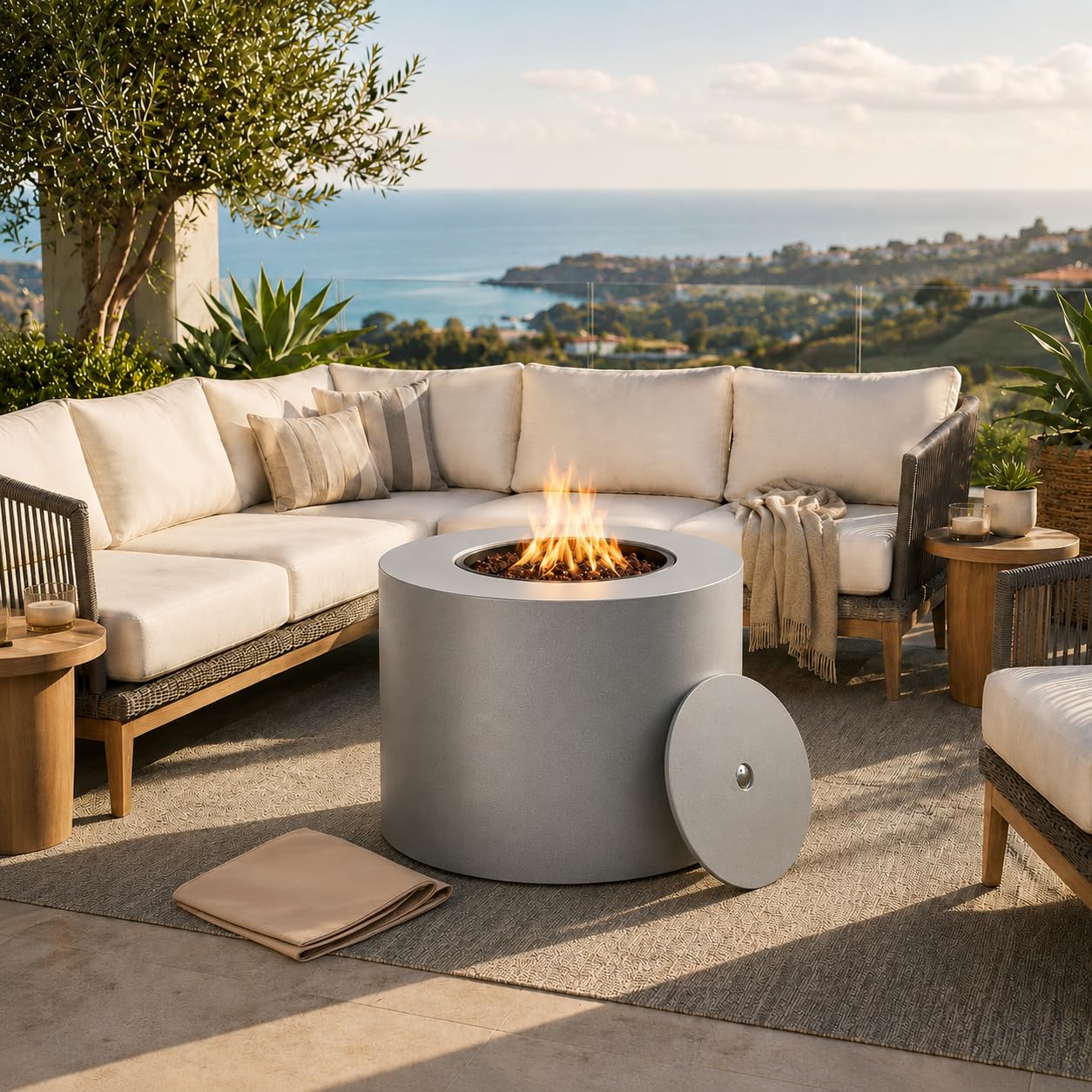 32" Smokeless Propane Fire Pit Table with Lid, Alloy Steel Round Outdoor Patio Dining Firepit 50,000 BTUs, Lava Rocks, Weatherproof Cover, CSA Safety Certified, for Wooden Deck, Backyard Pool, Grey