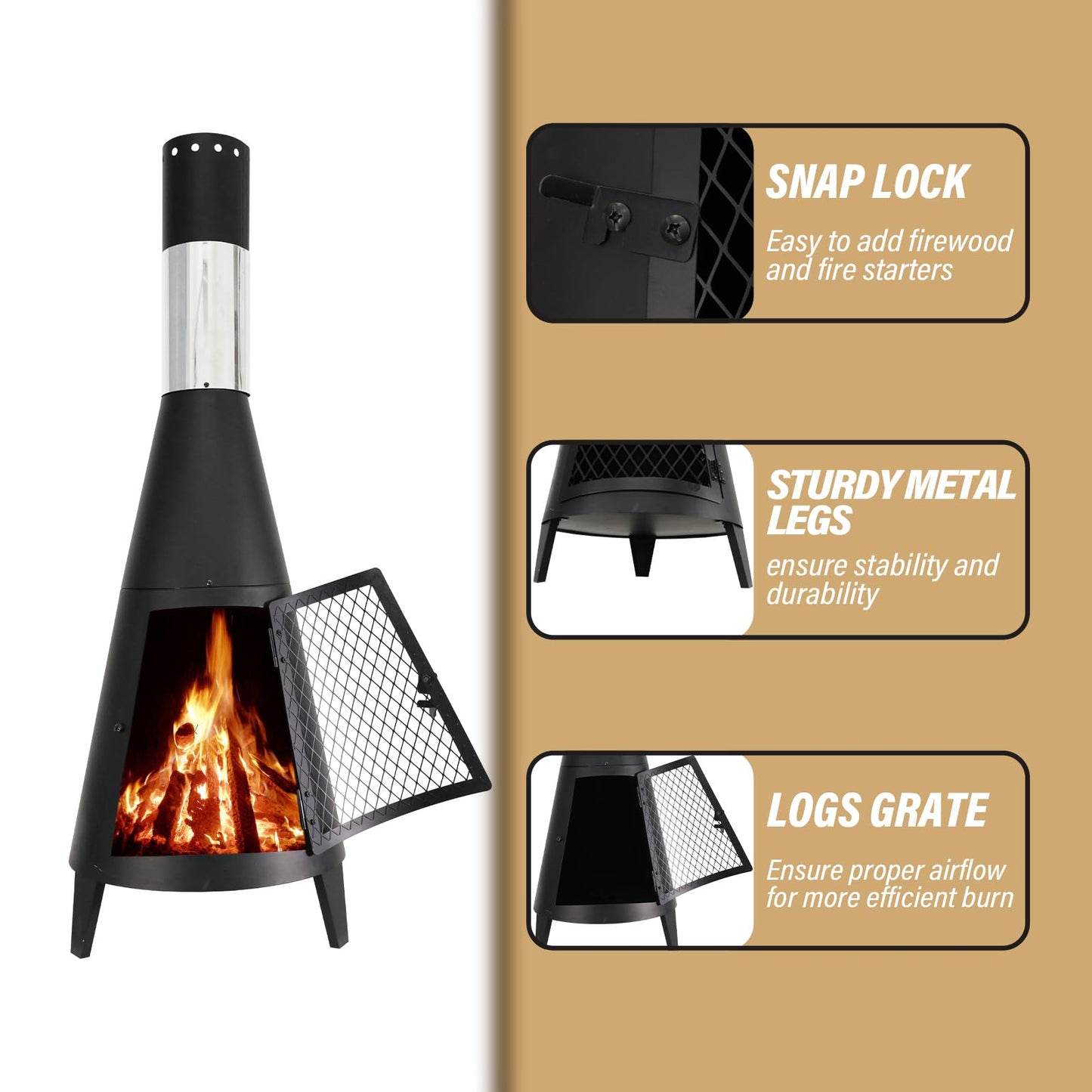 BDL Chiminea Outdoor Fireplace Outdoor Wood Burning Fire Pit Free Standing Fireplace with Log Grate, Mesh Screen for Patio, Backyard, Garden-Black